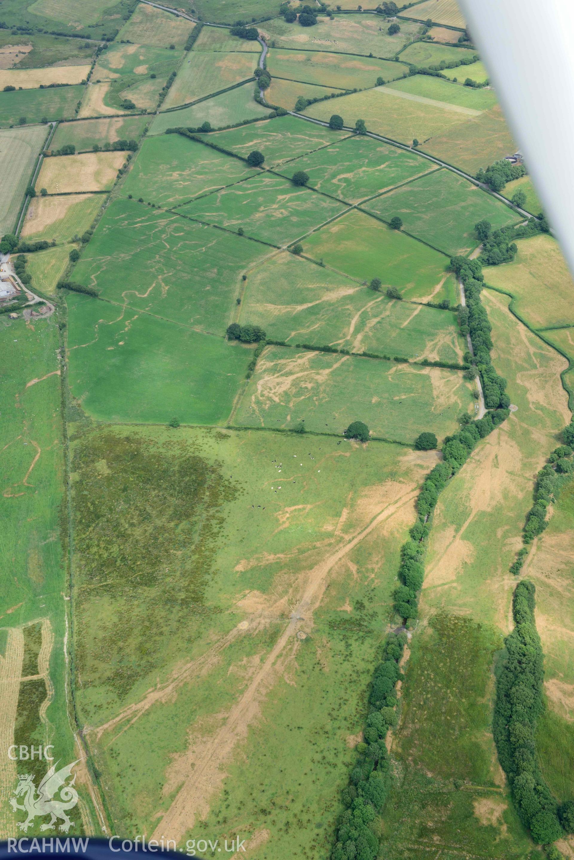 Aerial photograph: Pont Fflur to Old Abbey Farm; complex of drainage and trackway parchmarks. Crown: CHERISH PROJECT 2018. Produced with EU funds through the Ireland Wales Co-operation Programme 2014-2020 (NGR SN712646)