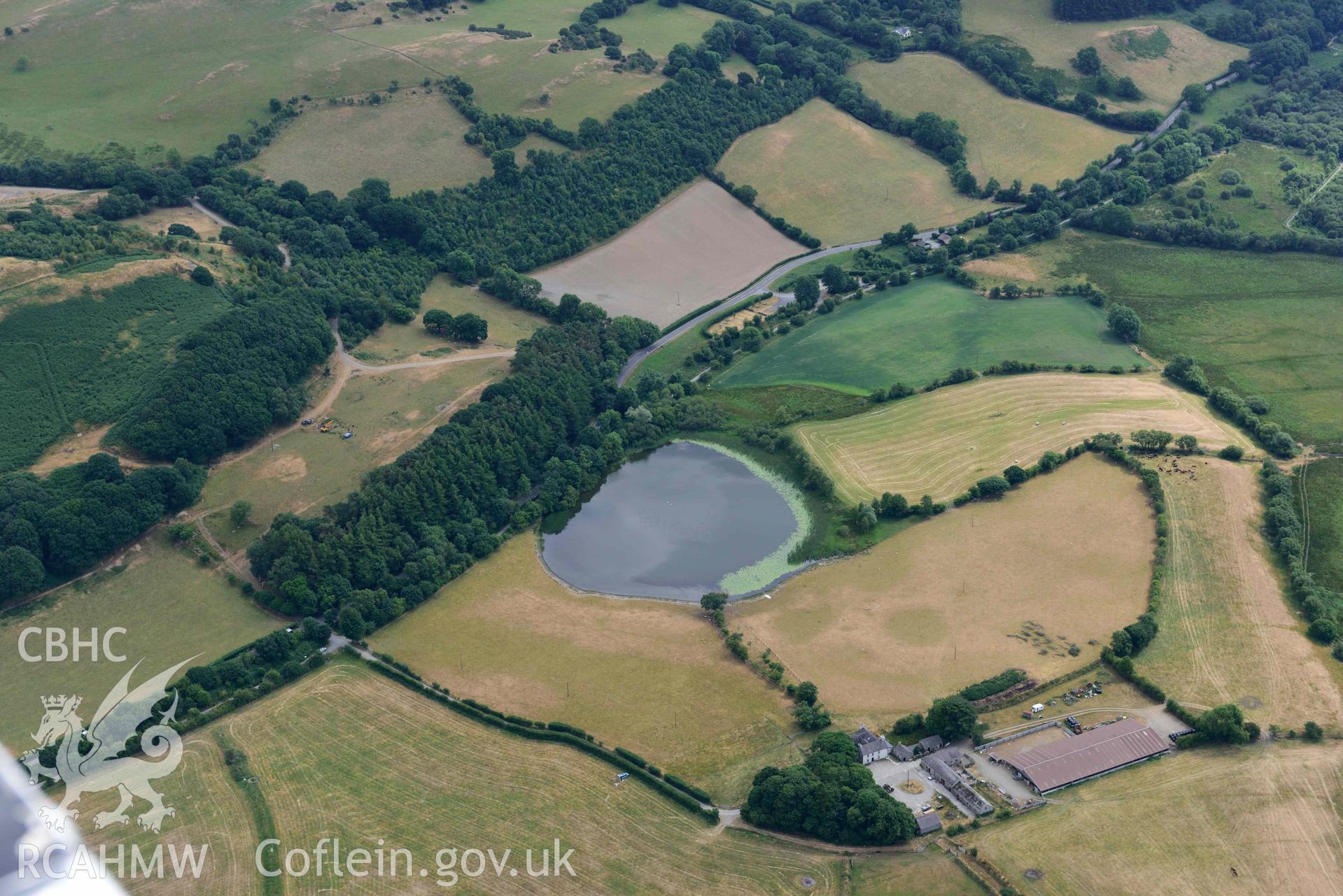 Aerial photograph: Maes-Llyn, cropmarks of enclosures and ditches. Crown: CHERISH PROJECT 2018. Produced with EU funds through the Ireland Wales Co-operation Programme 2014-2020 (NGR SN692629)