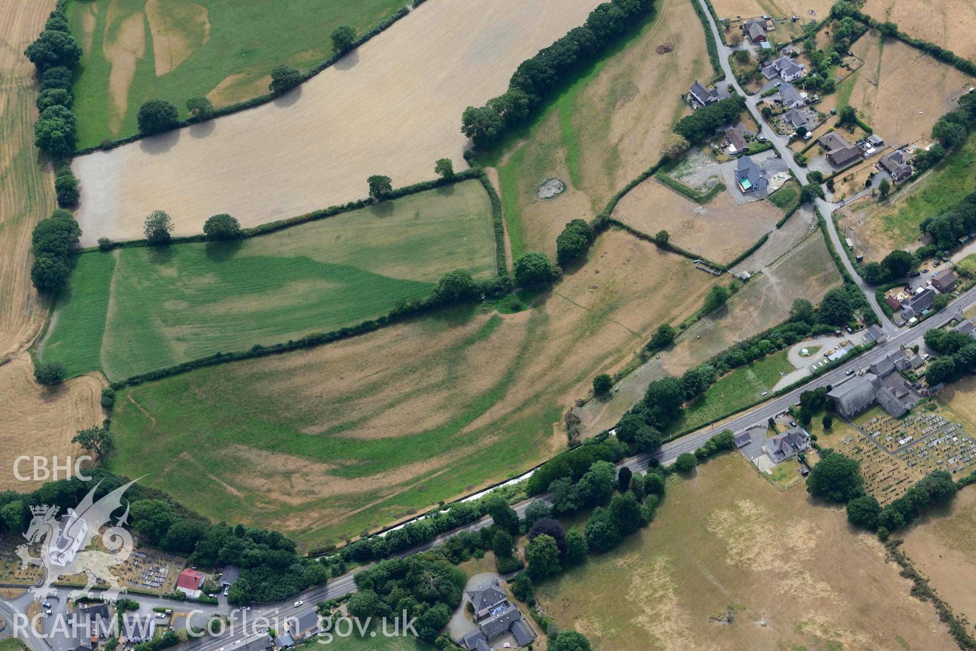 Aerial photograph: Parchmarks south of Penllwyn chapel, Capel Bangor. Crown: CHERISH PROJECT 2018. Produced with EU funds through the Ireland Wales Co-operation Programme 2014-2020 (NGR SN653803)