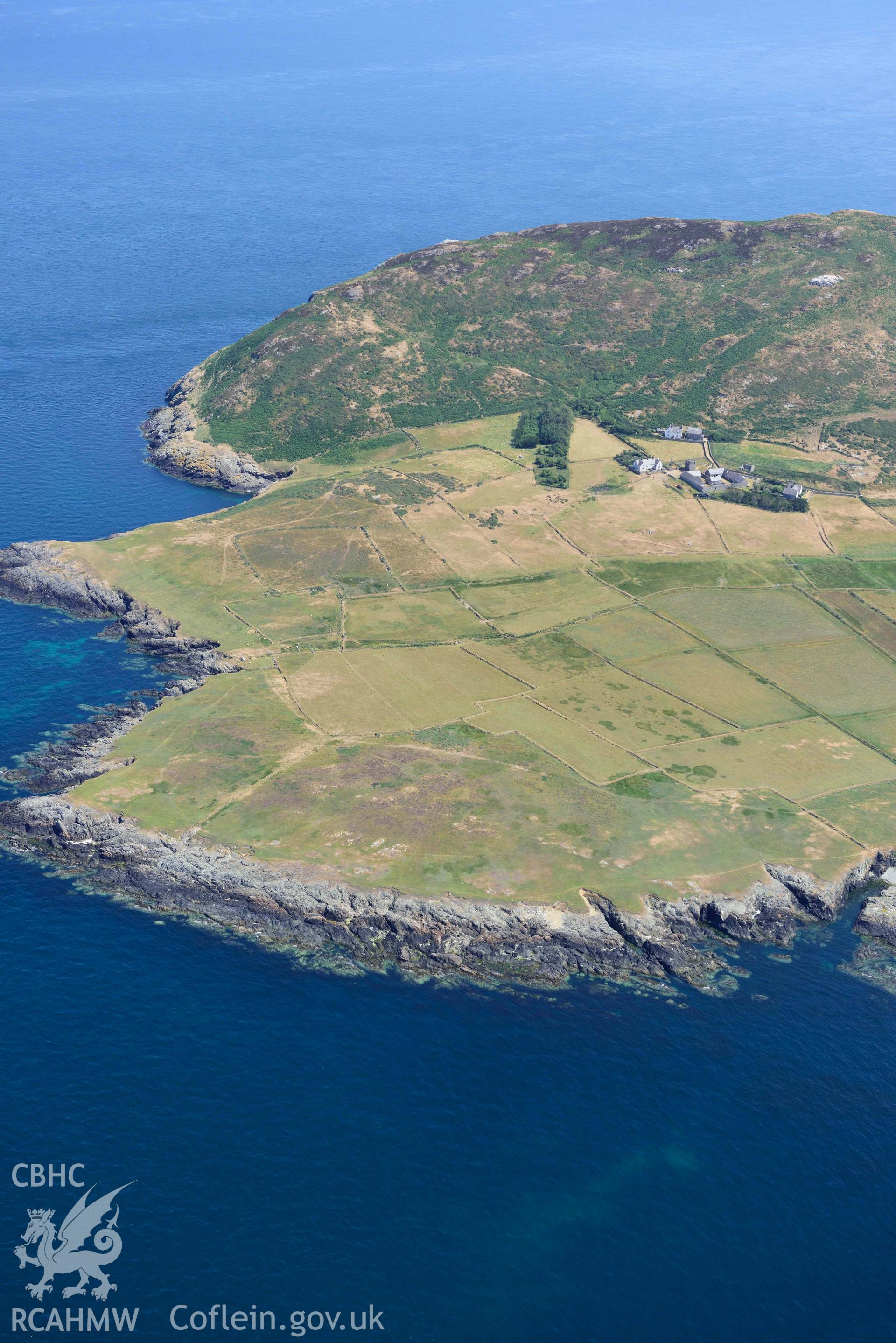 Aerial photograph: Ynys Enlli or Bardsey Island, Bae y Rhigol enclosures and field system. Crown: CHERISH PROJECT 2018. Produced with EU funds through the Ireland Wales Co-operation Programme 2014-2020 (NGR SH116225)