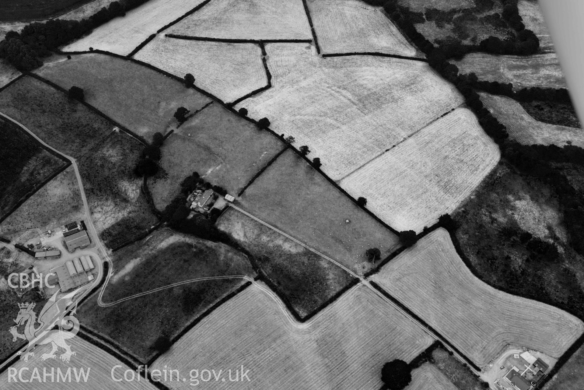 Aerial photograph: Glynrhiced-Fach or Glynricked, enclosure cropmarks. Crown: CHERISH PROJECT 2018. Produced with EU funds through the Ireland Wales Co-operation Programme 2014-2020 (NGR SN484401)