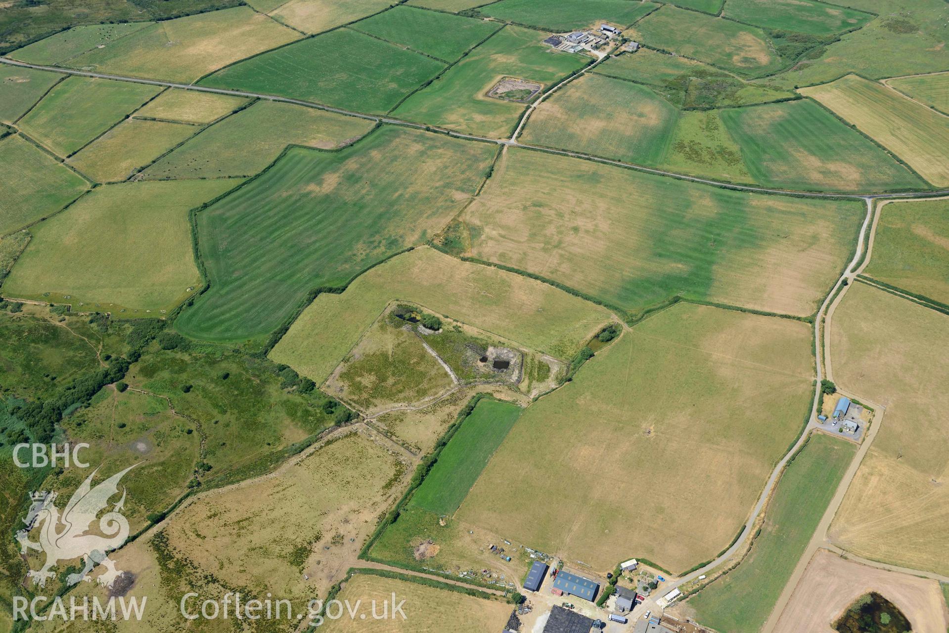 Aerial photograph: Bryniau or Bryn Rhydd cropmark enclosure. Crown: CHERISH PROJECT 2018. Produced with EU funds through the Ireland Wales Co-operation Programme 2014-2020 (NGR SH265387)