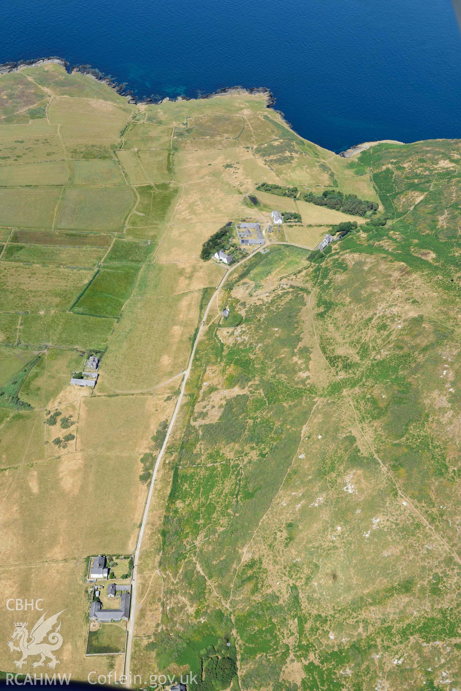 Aerial photograph: Carreg Fawr farmhouse, Bardsey Island, view looking east. Crown: CHERISH PROJECT 2018. Produced with EU funds through the Ireland Wales Co-operation Programme 2014-2020 (NGR SH185219)