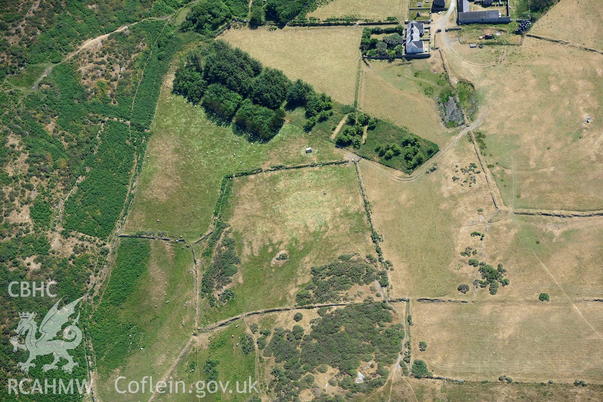 Aerial photograph: Ynys Enlli or Bardsey Island, Bae y Rhigol enclosures and field system. Crown: CHERISH PROJECT 2018. Produced with EU funds through the Ireland Wales Co-operation Programme 2014-2020 (NGR SH116225)