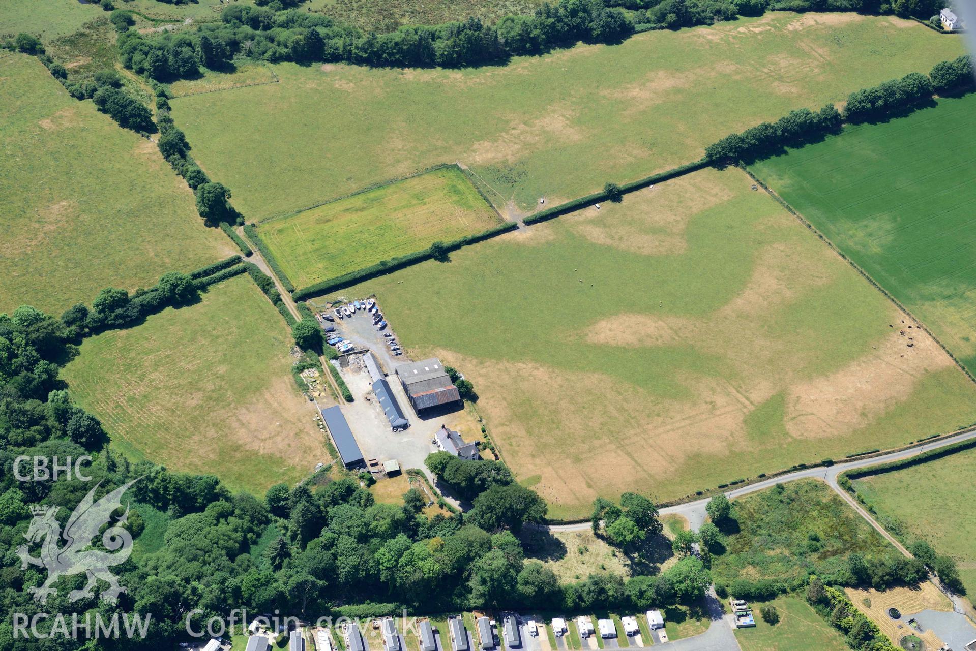 Aerial photograph: Yr Hendre Field system cropmarks. Crown: CHERISH PROJECT 2018. Produced with EU funds through the Ireland Wales Co-operation Programme 2014-2020 (NGR SH349355)