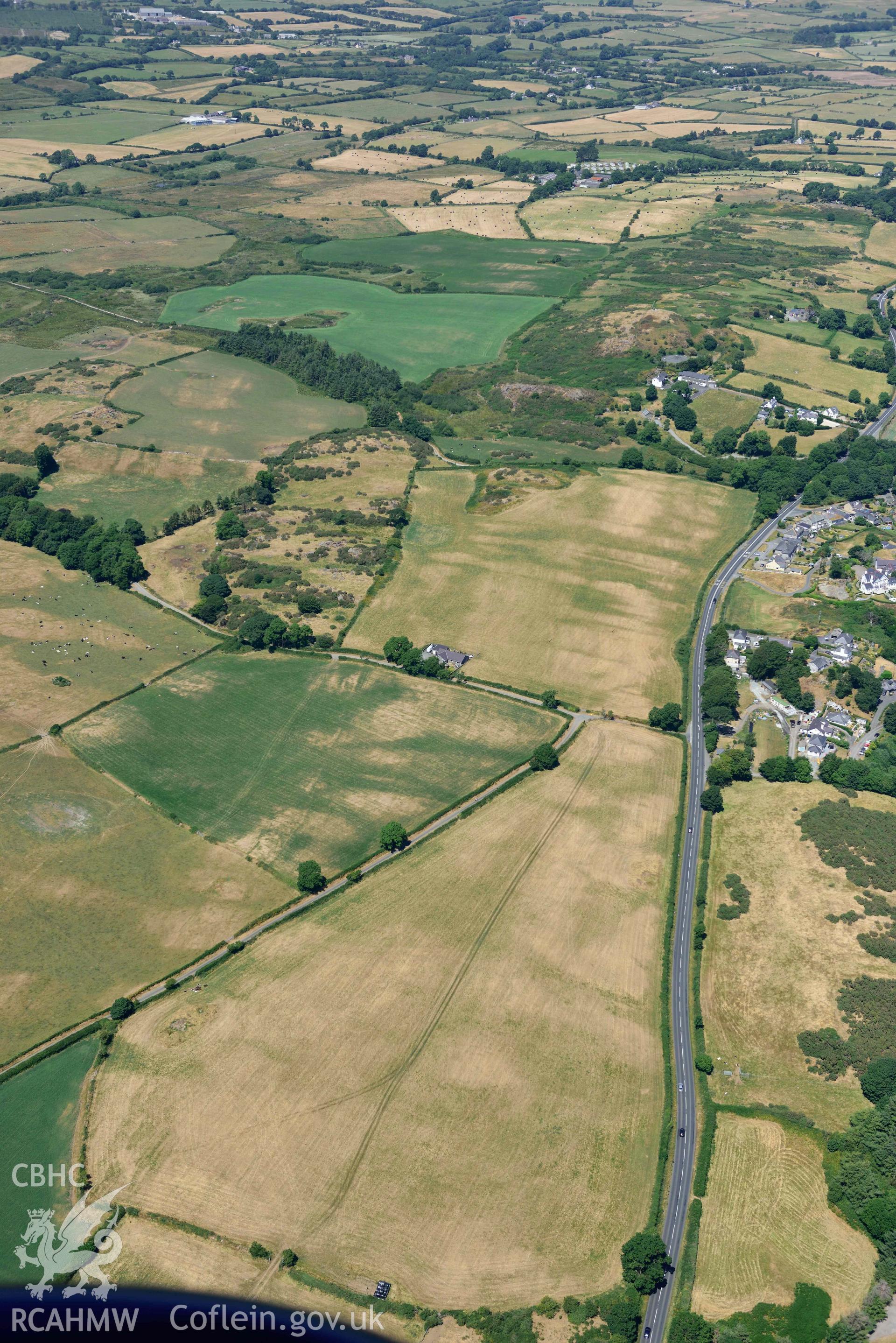 Aerial photograph: Landscape view north along the Caernarvon Road towards Clogwynbach. Crown: CHERISH PROJECT 2018. Produced with EU funds through the Ireland Wales Co-operation Programme 2014-2020 (NGR SH384364)