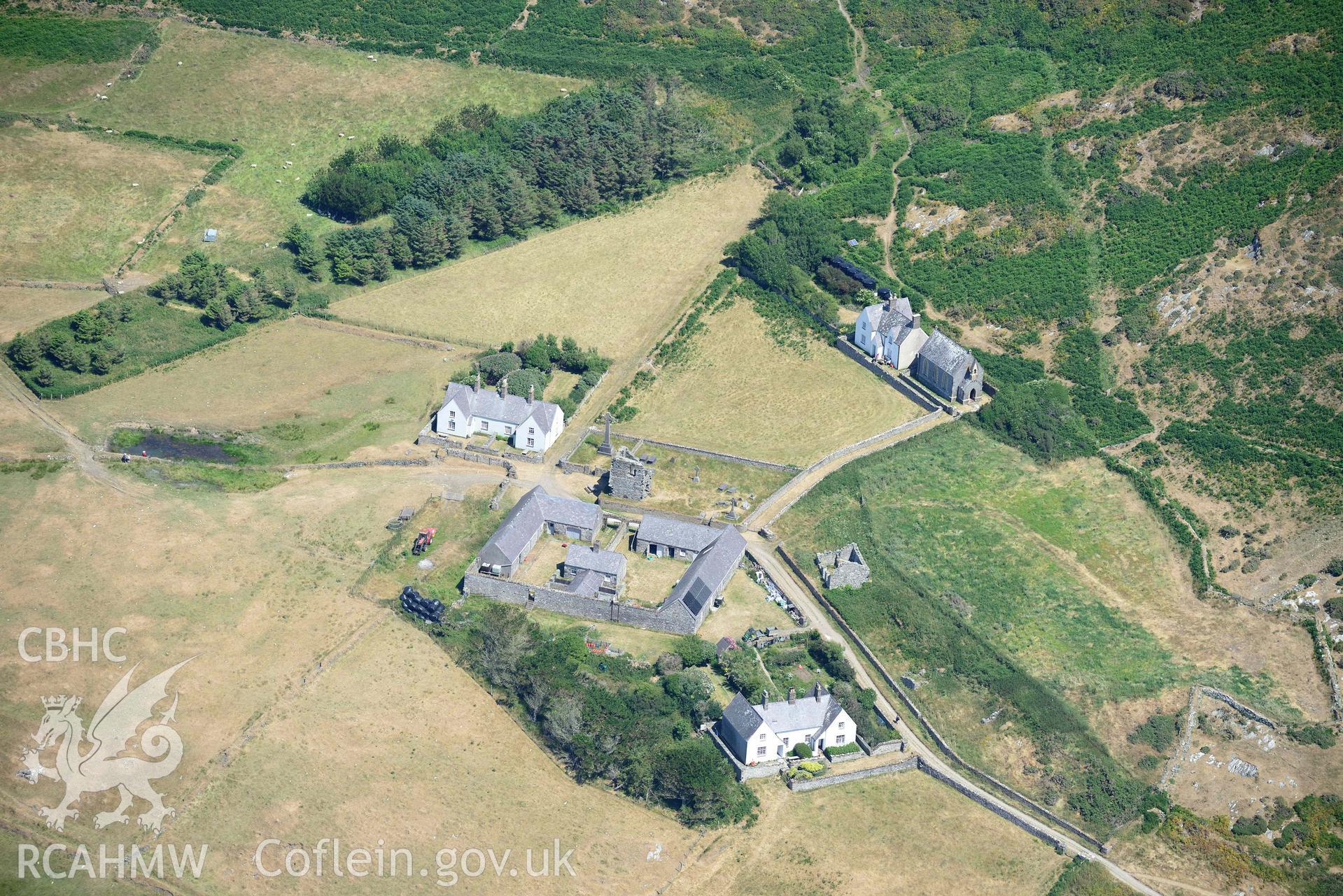 Aerial photograph: Enlli Chapel and St Mary's Abbey, Bardsey Island, view from the south-west. Crown: CHERISH PROJECT 2018. Produced with EU funds through the Ireland Wales Co-operation Programme 2014-2020 (NGR SH120221)