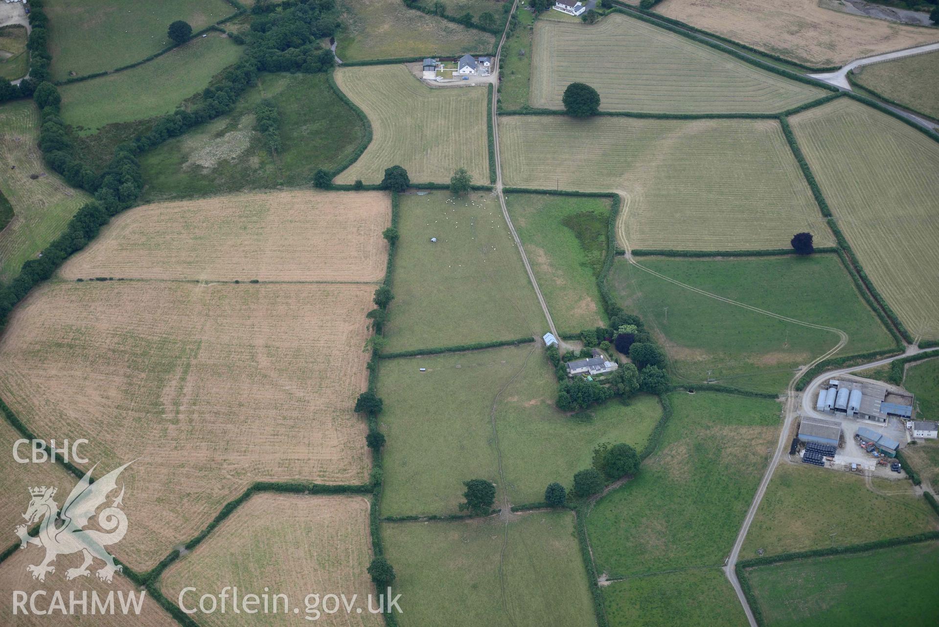 Aerial photograph: Glynrhiced-Fach or Glynricked, enclosure cropmarks. Crown: CHERISH PROJECT 2018. Produced with EU funds through the Ireland Wales Co-operation Programme 2014-2020 (NGR SN484401)