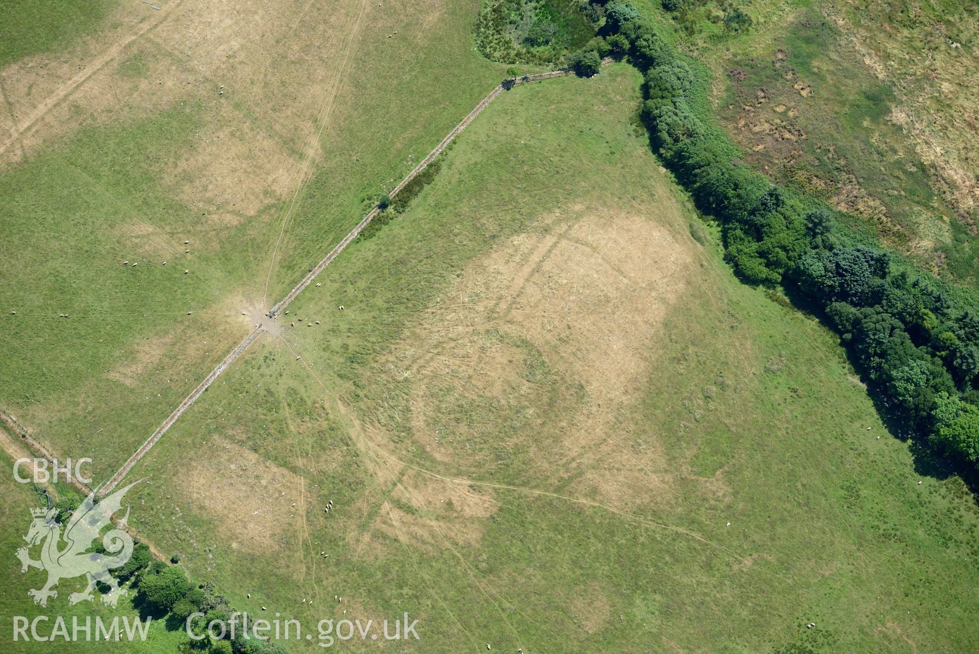 Aerial photograph: Cropmarks of Capel Gwerthyr, and relict field systems. Crown: CHERISH PROJECT 2018. Produced with EU funds through the Ireland Wales Co-operation Programme 2014-2020 (NGR SH276306)