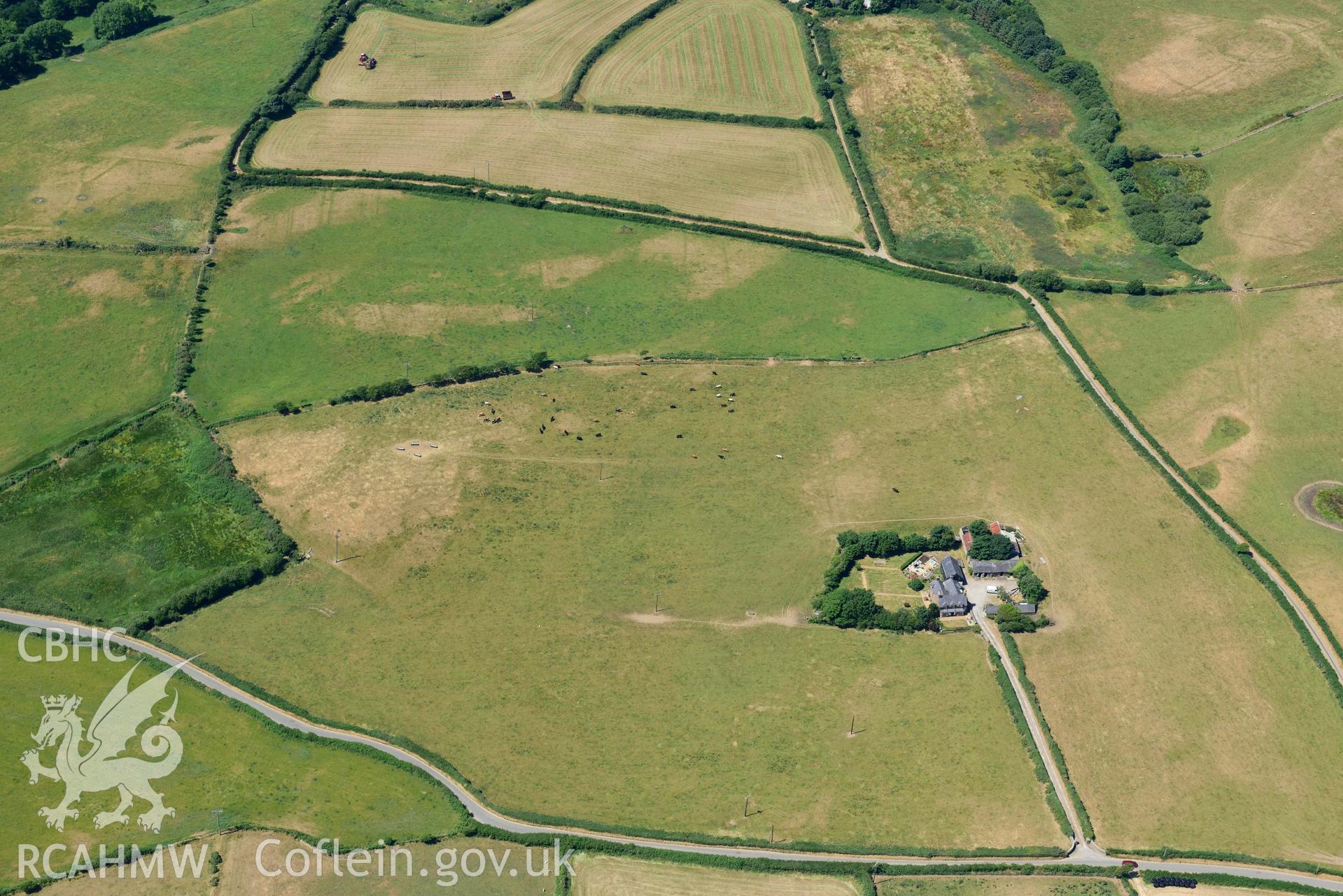 Aerial photograph: Cropmark field systems at Barach Bach, north-west of Barach Fawr. Crown: CHERISH PROJECT 2018. Produced with EU funds through the Ireland Wales Co-operation Programme 2014-2020 (NGR SH280300)