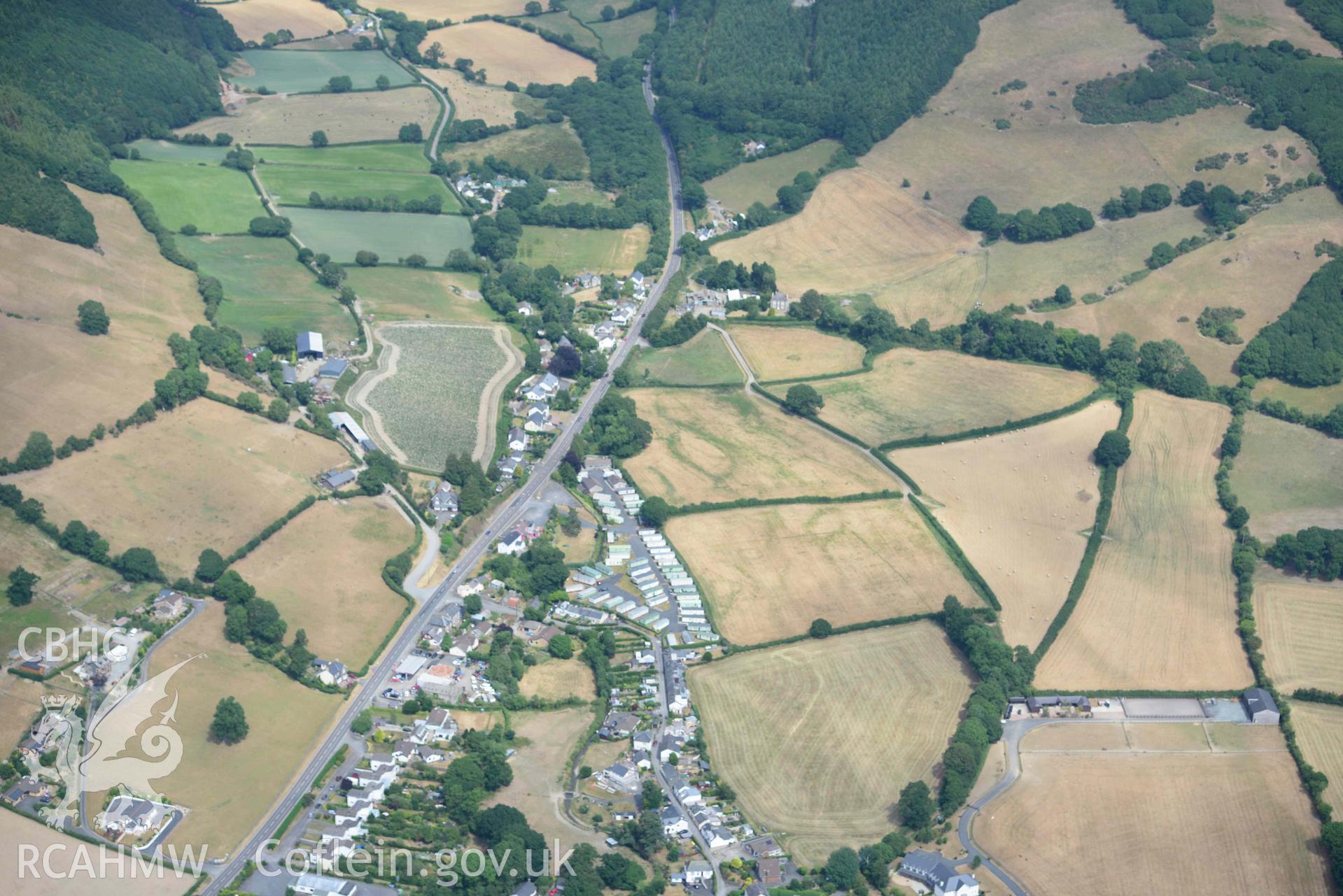 Aerial photograph: Capel Bangor, with parchmarks, view looking east. Crown: CHERISH PROJECT 2018. Produced with EU funds through the Ireland Wales Co-operation Programme 2014-2020 (NGR SN660801)