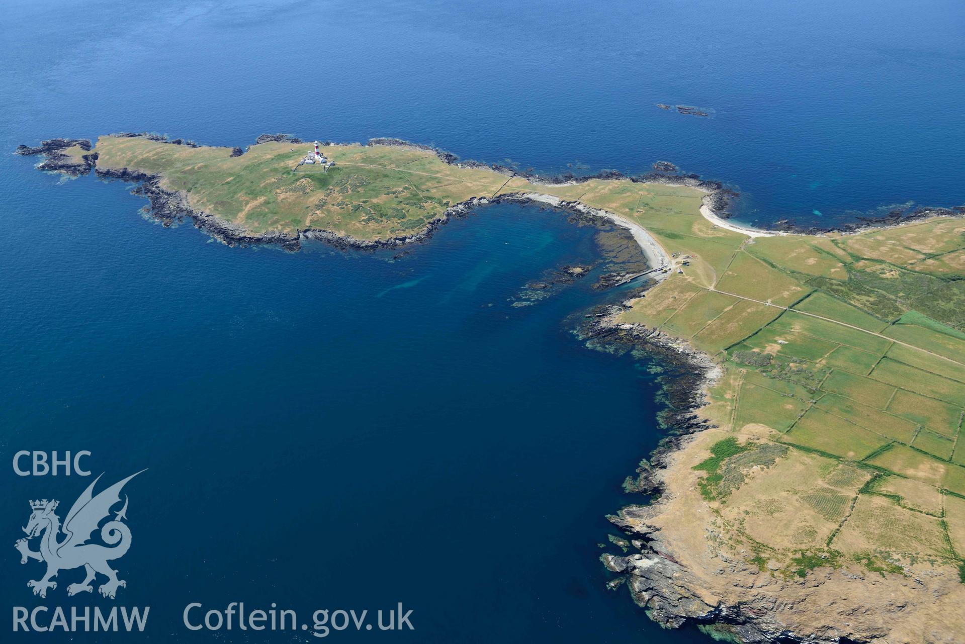 Aerial photograph: Bardsey Island: Carn Enlli Boathouse and slipway. Crown: CHERISH PROJECT 2018. Produced with EU funds through the Ireland Wales Co-operation Programme 2014-2020 (NGR SH115210)