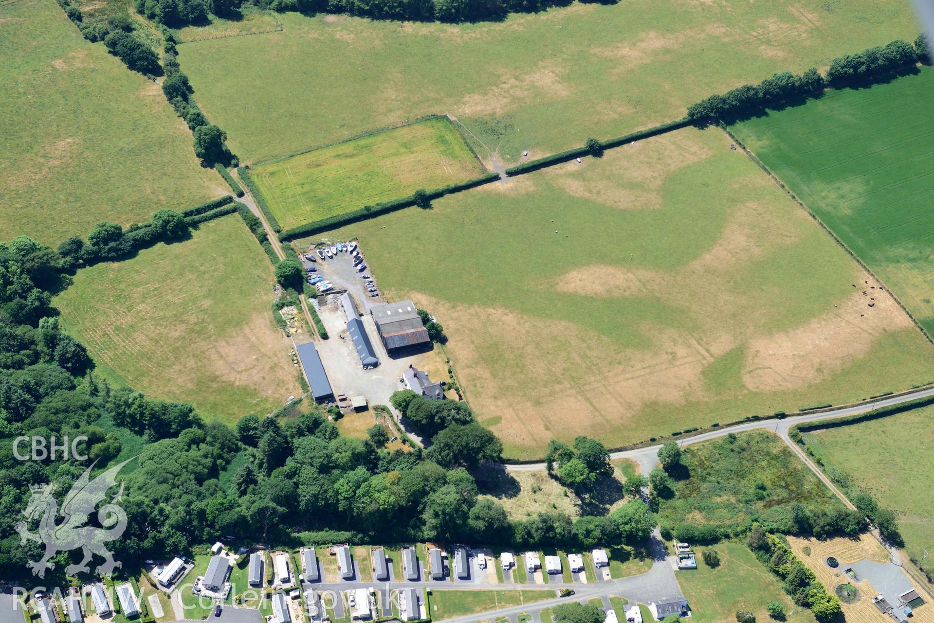 Aerial photograph: Yr Hendre Field system cropmarks. Crown: CHERISH PROJECT 2018. Produced with EU funds through the Ireland Wales Co-operation Programme 2014-2020 (NGR SH349355)