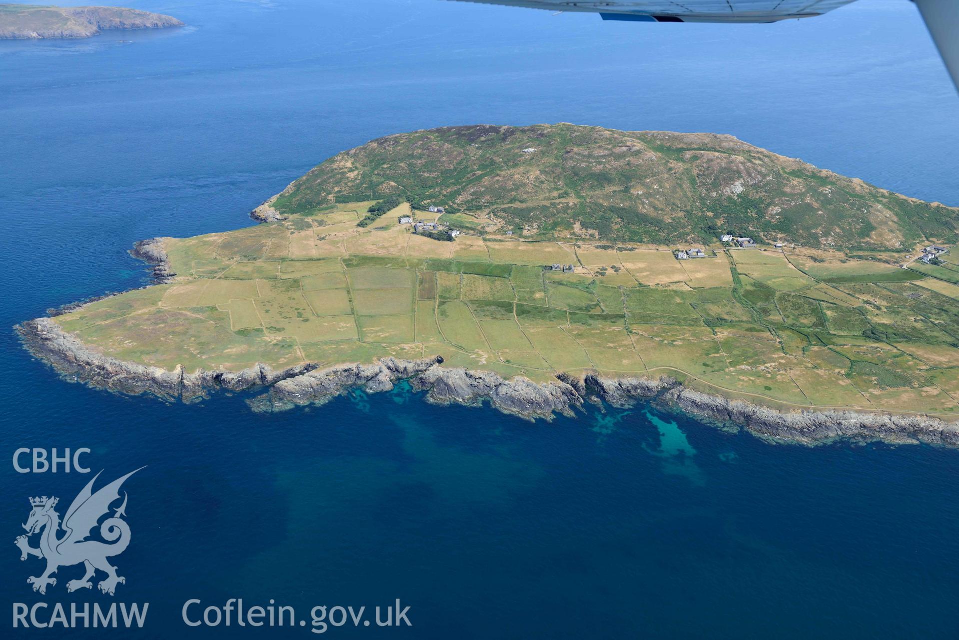 Aerial photograph: Ynys Enlli or Bardsey Island Lighthouse. Crown: CHERISH PROJECT 2018. Produced with EU funds through the Ireland Wales Co-operation Programme 2014-2020 (NGR SH111206)