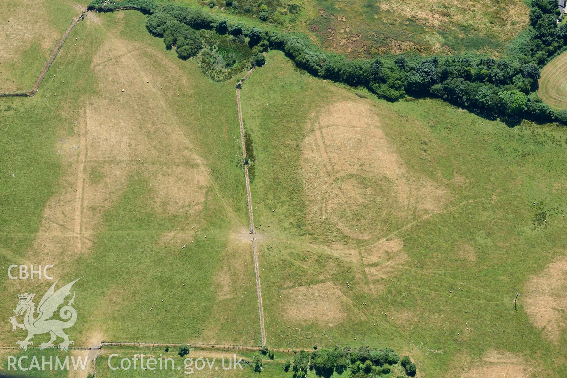 Aerial photograph: Cropmarks of Capel Gwerthyr, and relict field systems. Crown: CHERISH PROJECT 2018. Produced with EU funds through the Ireland Wales Co-operation Programme 2014-2020 (NGR SH276306)