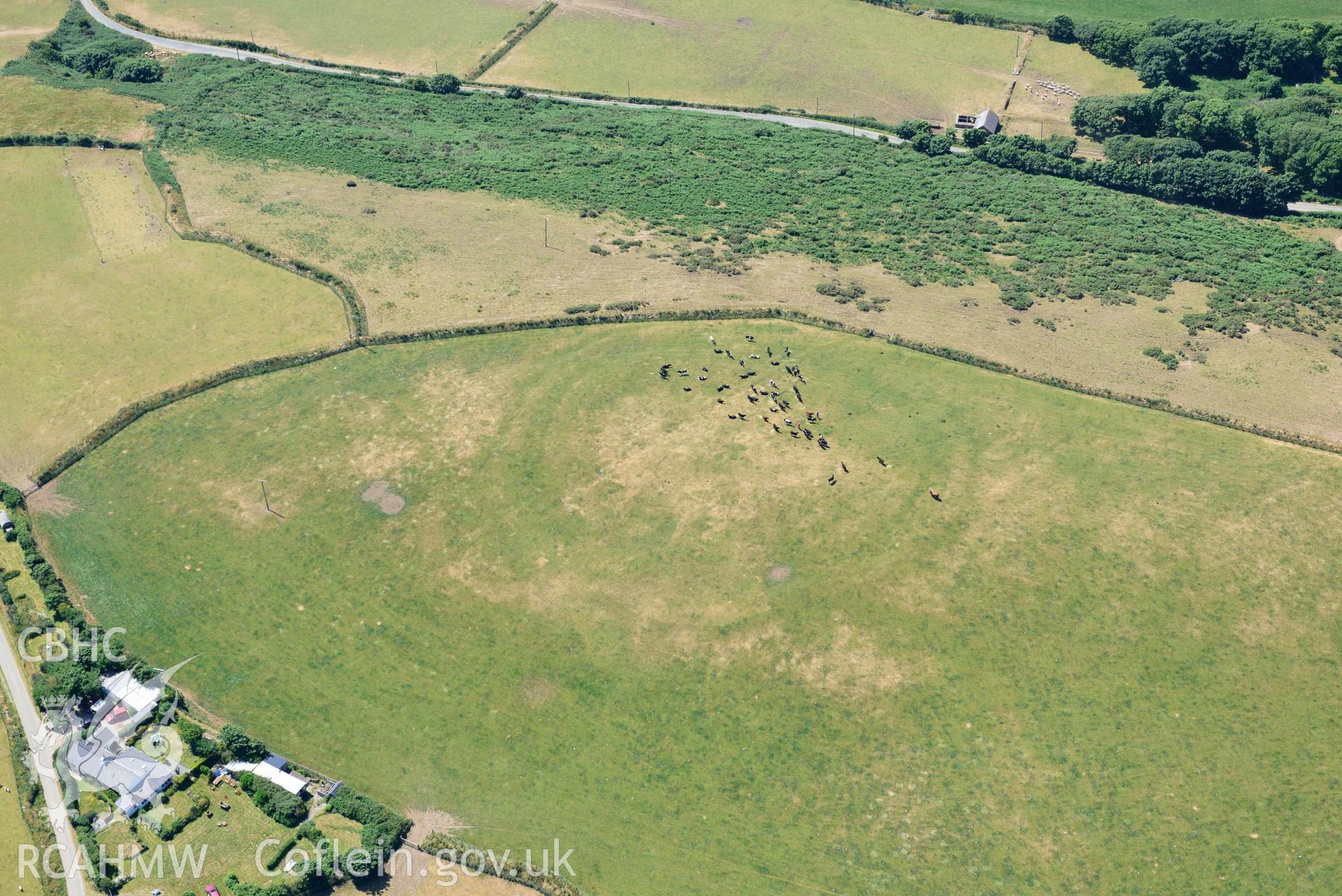 Aerial photograph: Mellionydd Enclosure, visible as a cropmark. View from north in wider landscape. Crown: CHERISH PROJECT 2018. Produced with EU funds through the Ireland Wales Co-operation Programme 2014-2020 (NGR SH218290)