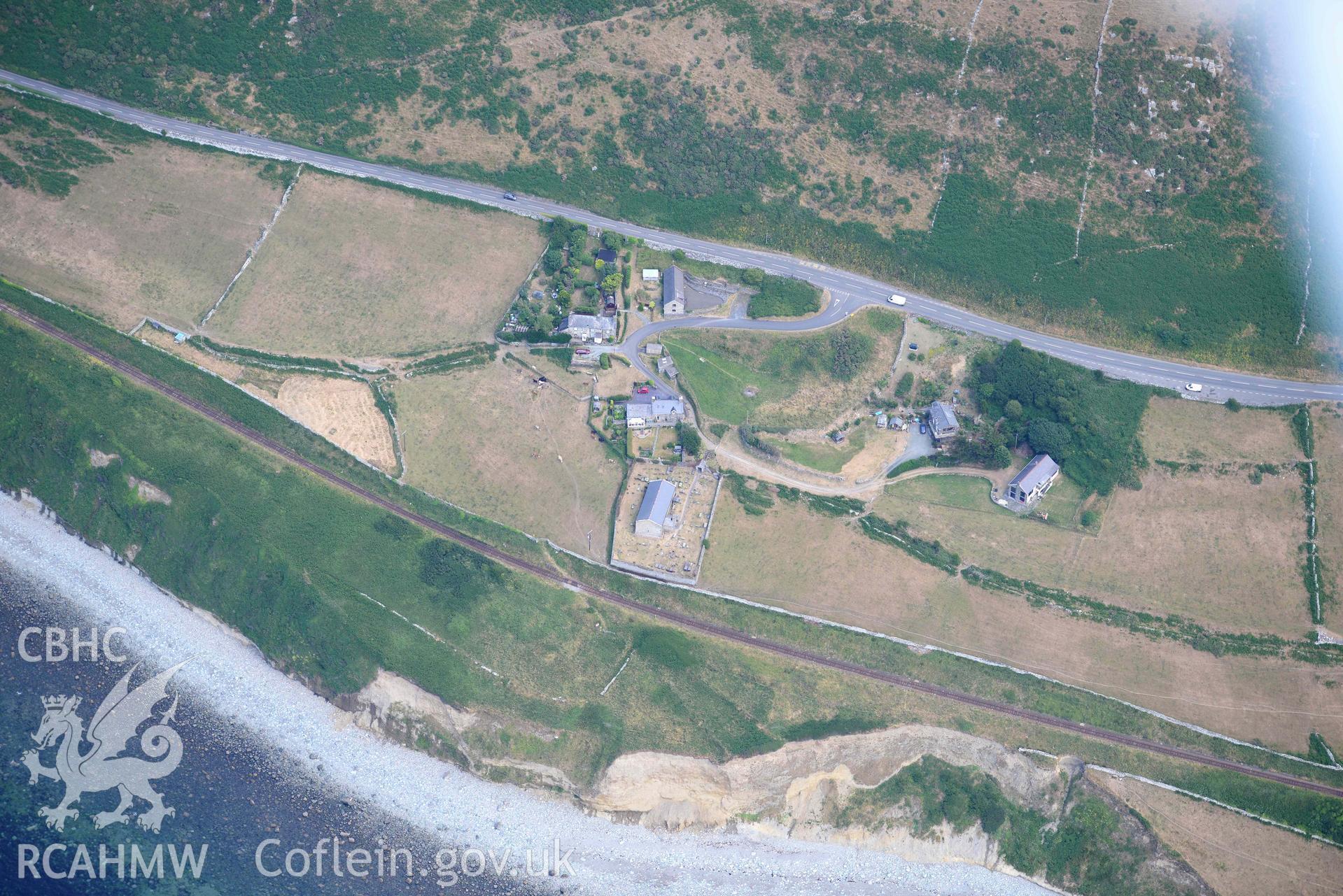 Aerial photograph: St Celynin's Church, Llangelynin. Crown: CHERISH PROJECT 2018. Produced with EU funds through the Ireland Wales Co-operation Programme 2014-2020 (NGR SH571072)