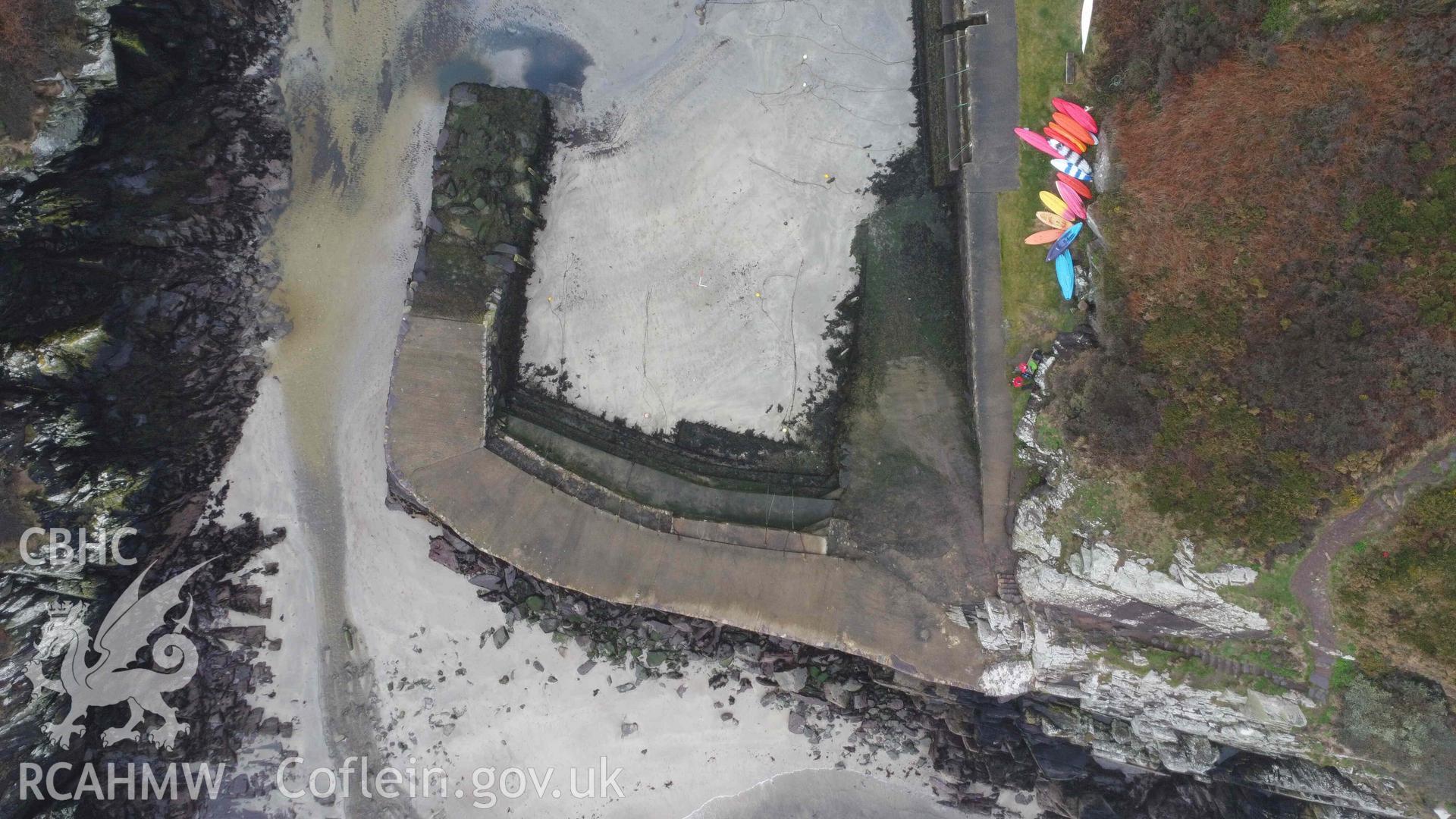 Overhead view of Porthclais harbour wall, at low tide on 20/02/2023. North is to the top.