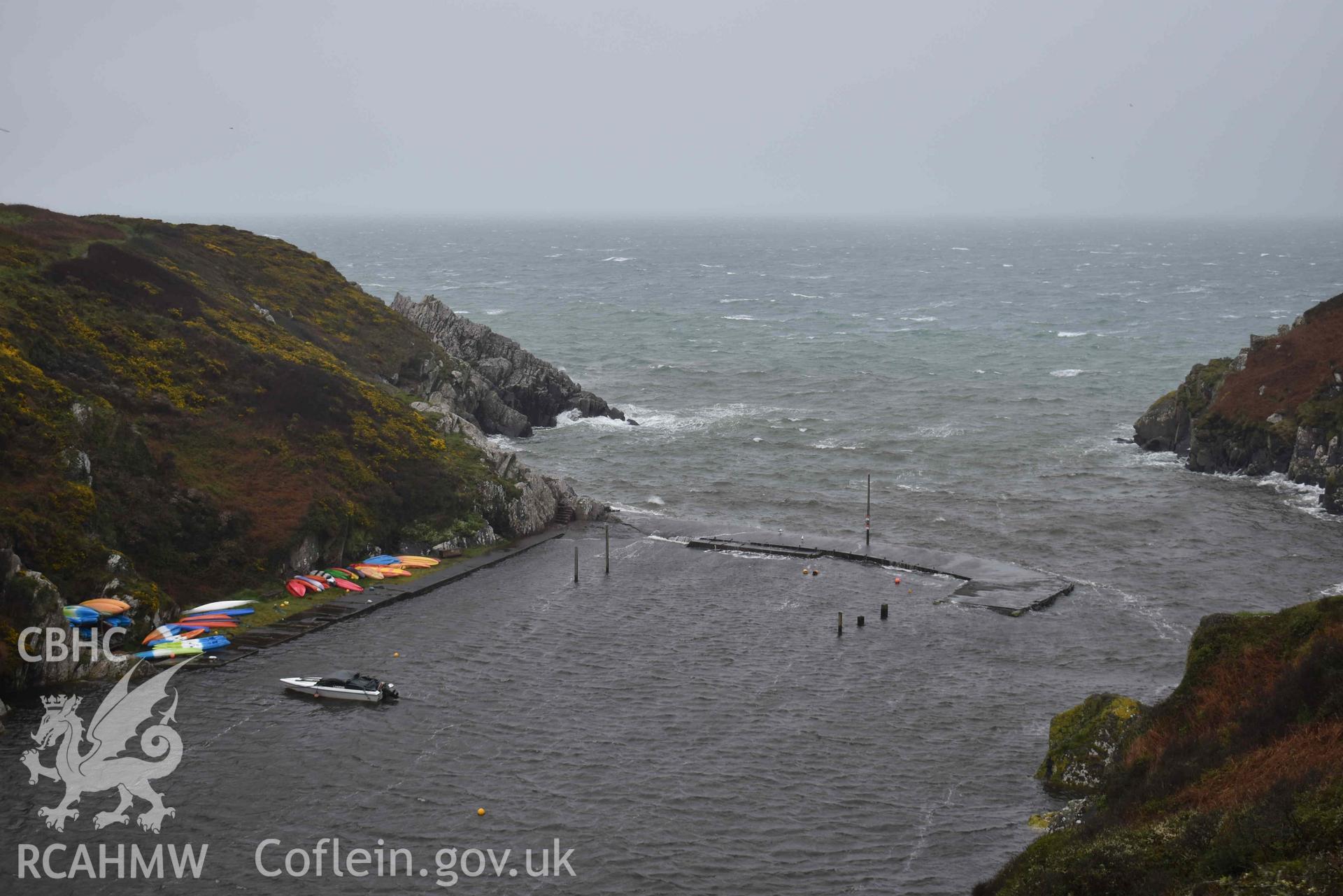 Porthclais harbour wall, looking seaward at high tide on 10/04/2024.