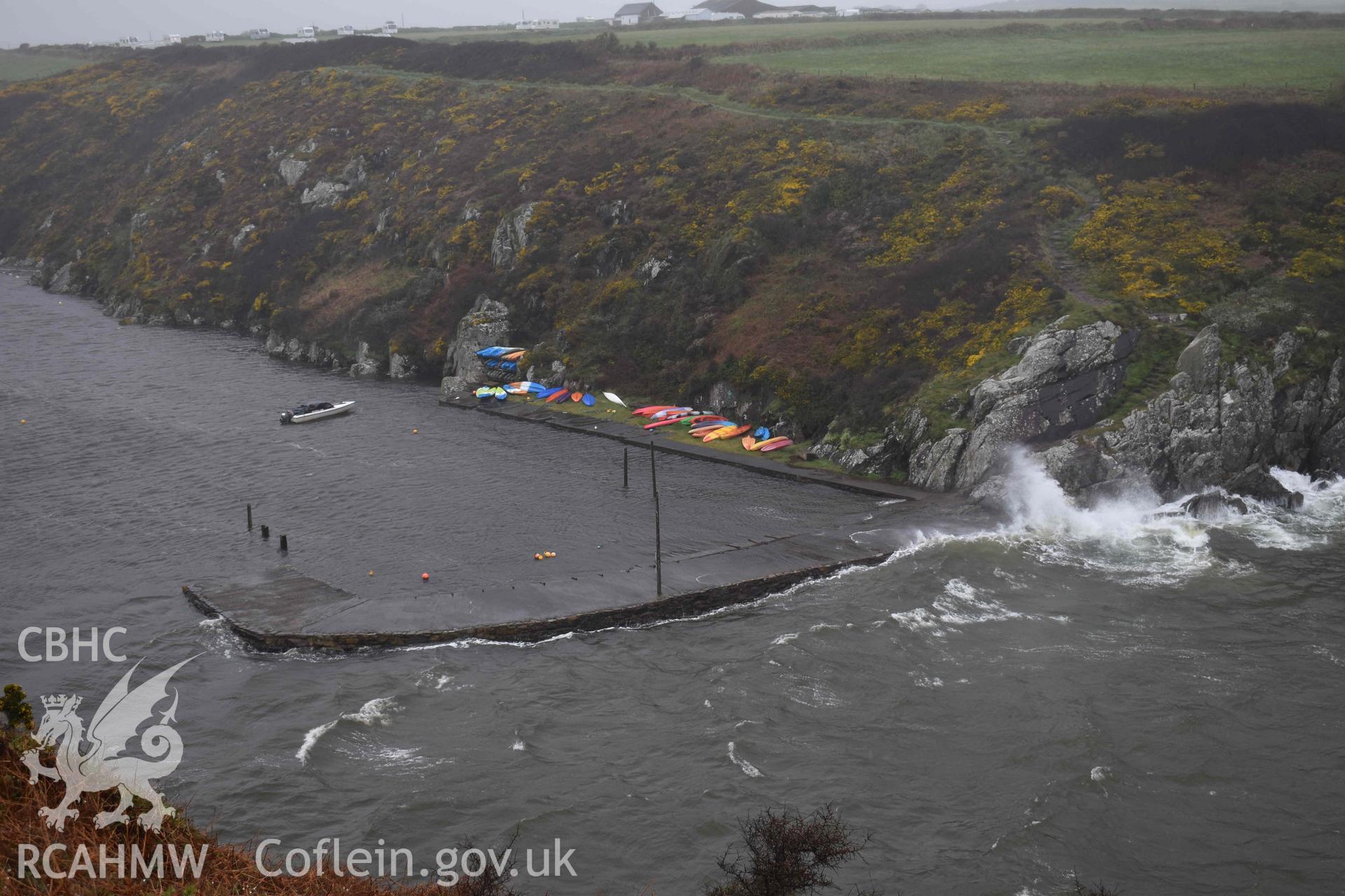 Porthclais harbour wall, looking northeast at high tide on 10/04/2024