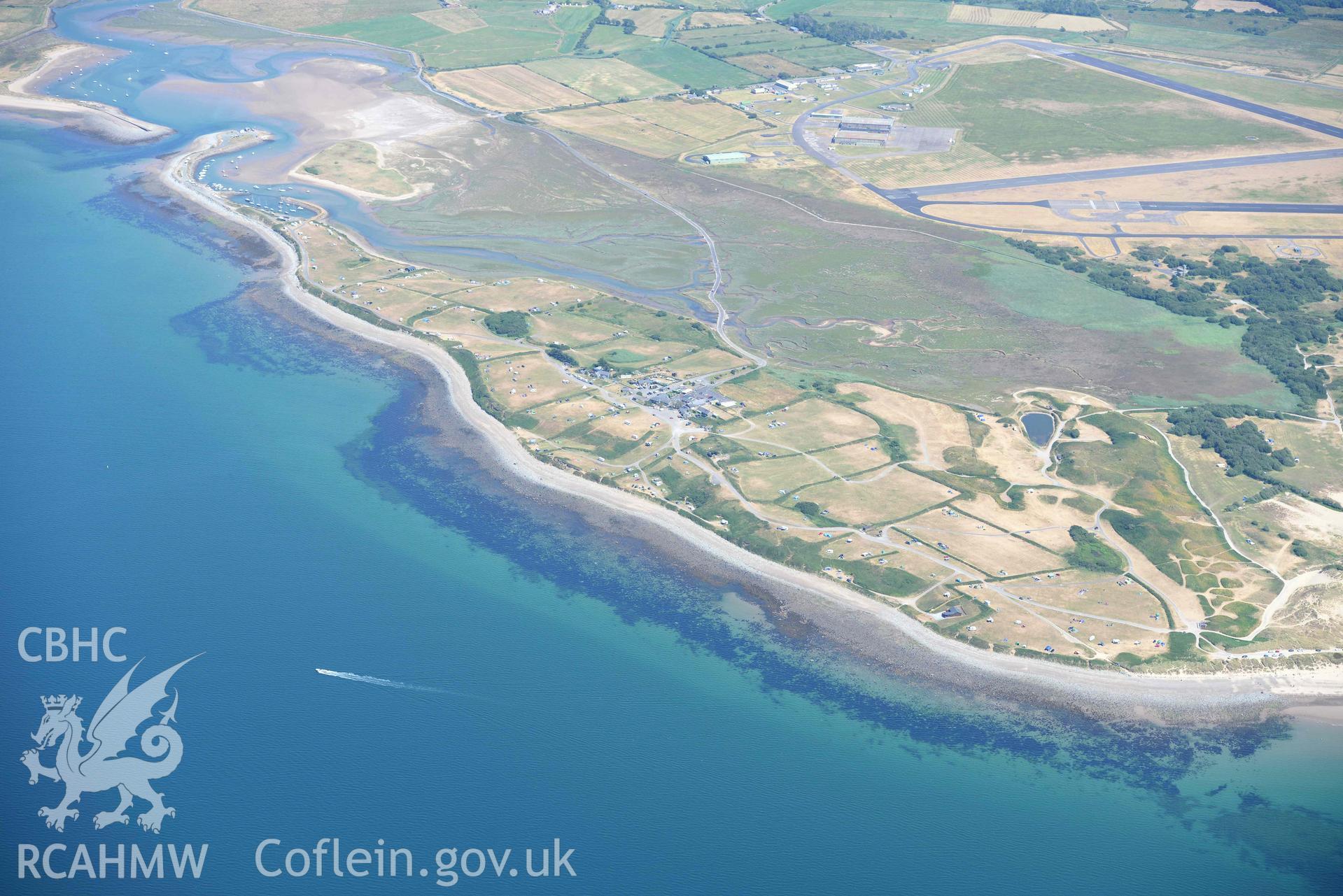 Aerial photograph: Mochras and Shell Island. Crown: CHERISH PROJECT 2018. Produced with EU funds through the Ireland Wales Co-operation Programme 2014-2020 (NGR SH556267)