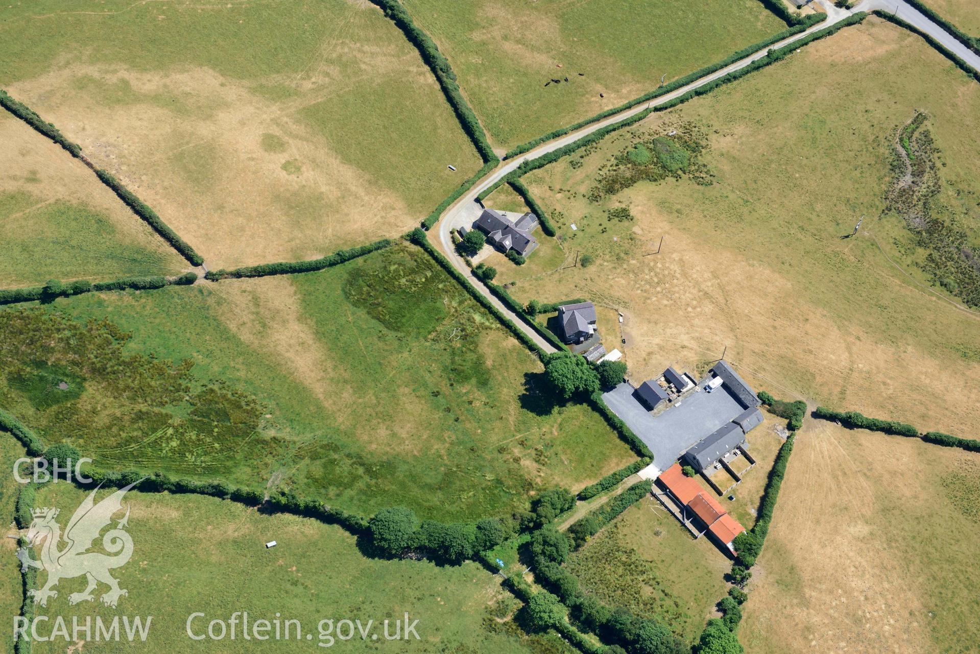 Aerial photograph: Bryn-Marsli cropmark enclosure. Crown: CHERISH PROJECT 2018. Produced with EU funds through the Ireland Wales Co-operation Programme 2014-2020 (NGR SH449380)
