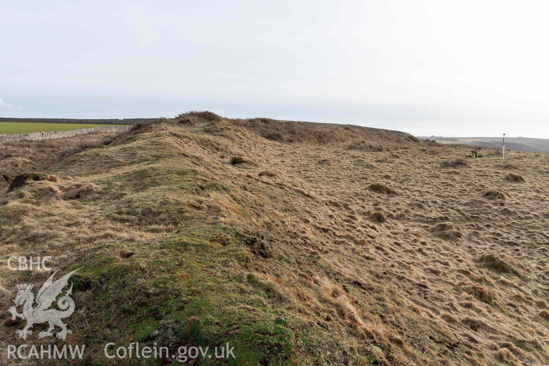 Tower Point Rath. Looking south along the inner rampart bank from the northern edge of the fort.