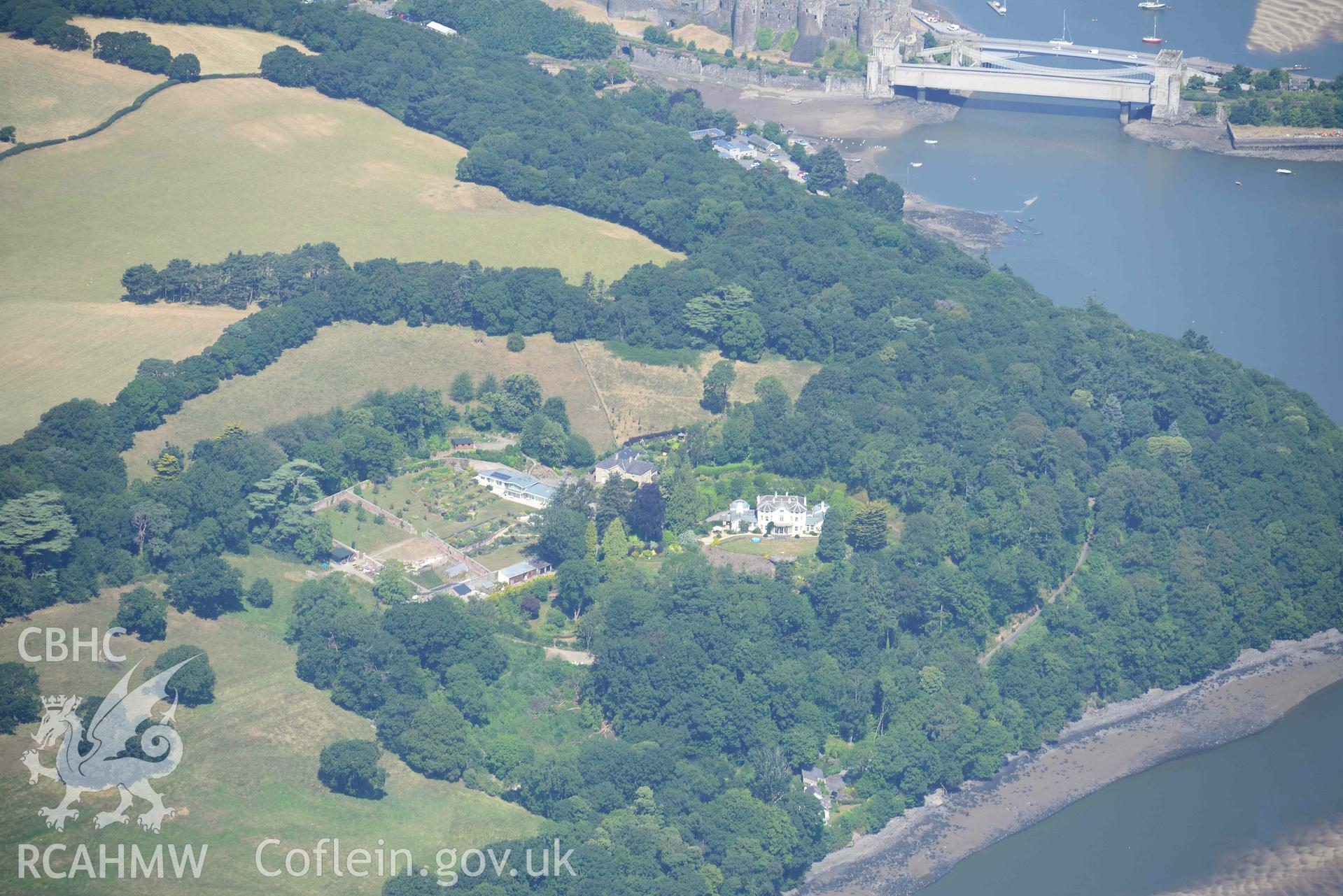 Aerial photograph: Benarth Hall Garden, from southeast. Crown: CHERISH PROJECT 2018. Produced with EU funds through the Ireland Wales Co-operation Programme 2014-2020 (NGR: SH789767)