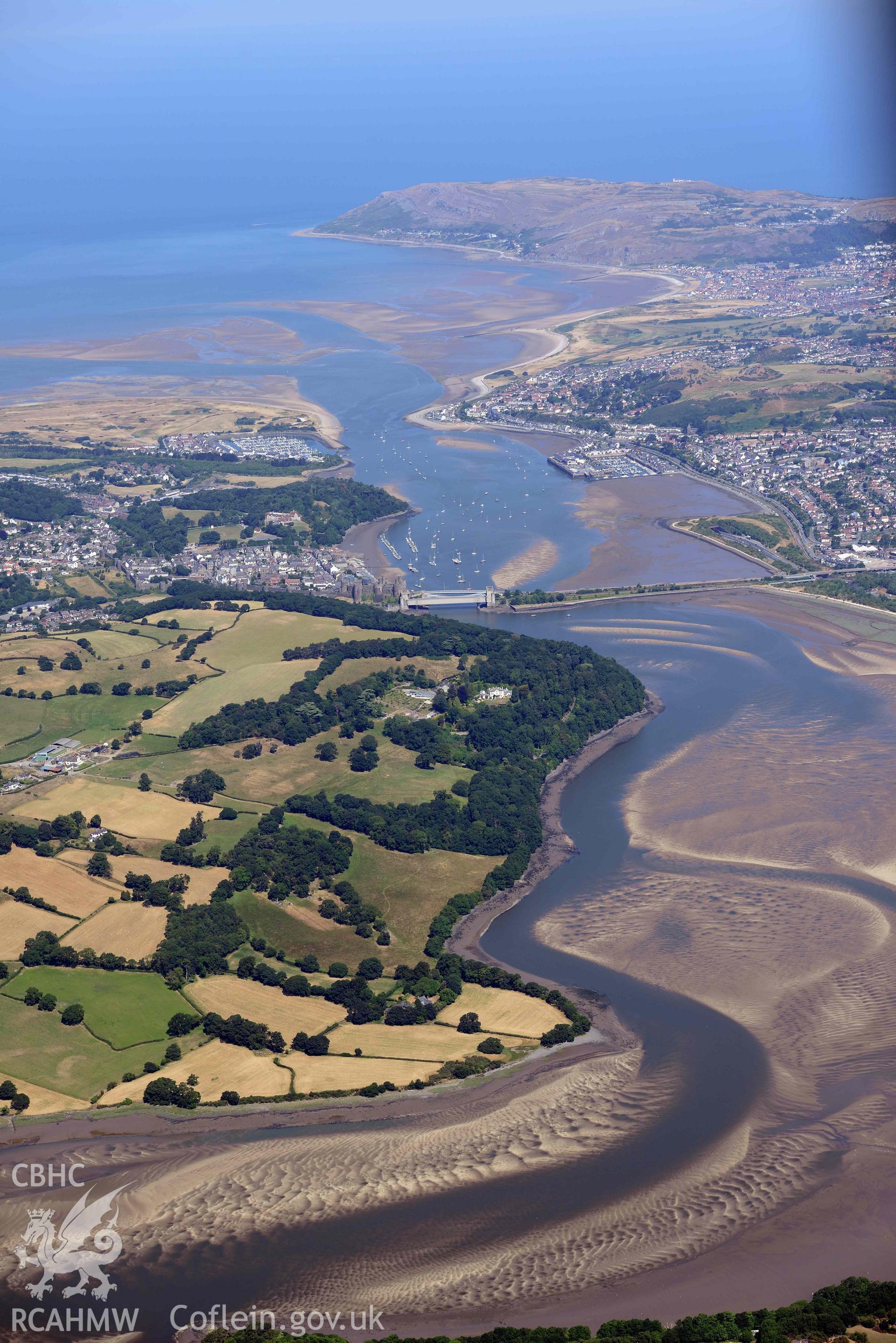 Aerial photograph: Conwy, summer landscape from south. Crown: CHERISH PROJECT 2018. Produced with EU funds through the Ireland Wales Co-operation Programme 2014-2020 (NGR: SH780775)