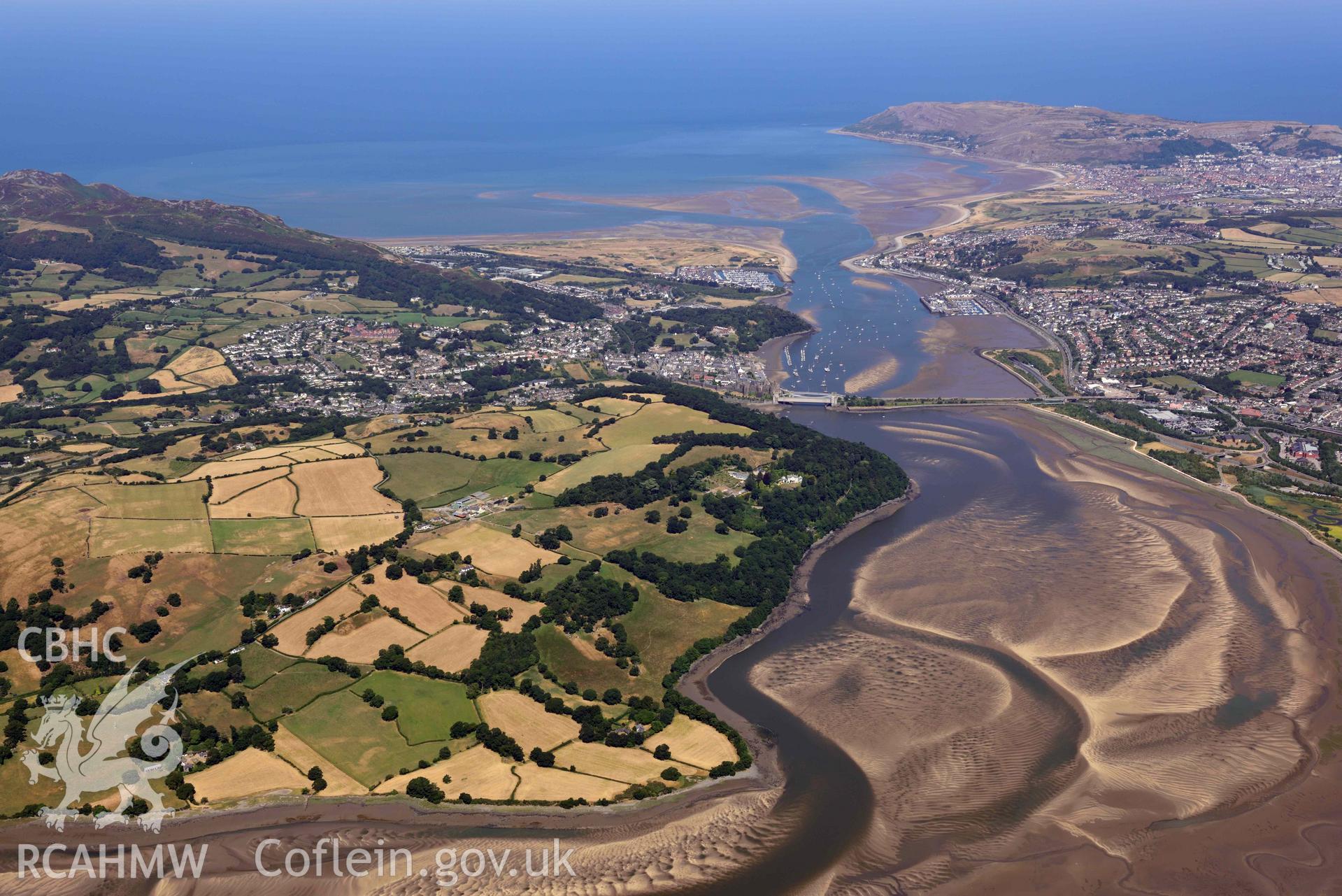 Aerial photograph: Conwy, summer landscape from southeast. Crown: CHERISH PROJECT 2018. Produced with EU funds through the Ireland Wales Co-operation Programme 2014-2020 (NGR: SH780775)