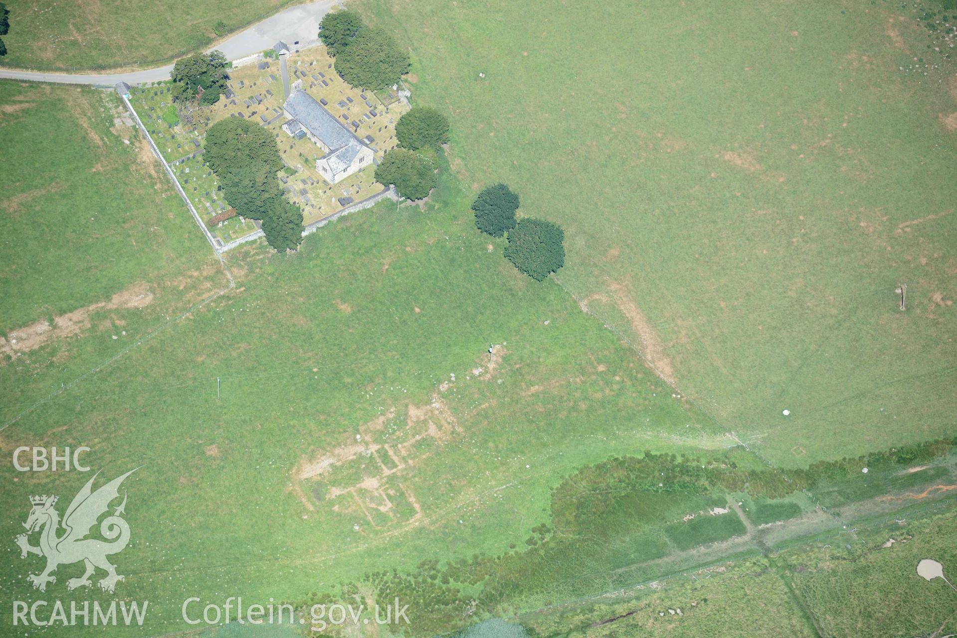 Aerial photograph: Caerhun Roman fort, with extensive parchmarks. Detail of bathhouse. Crown: CHERISH PROJECT 2018. Produced with EU funds through the Ireland Wales Co-operation Programme 2014-2020 (NGR: SH776703)