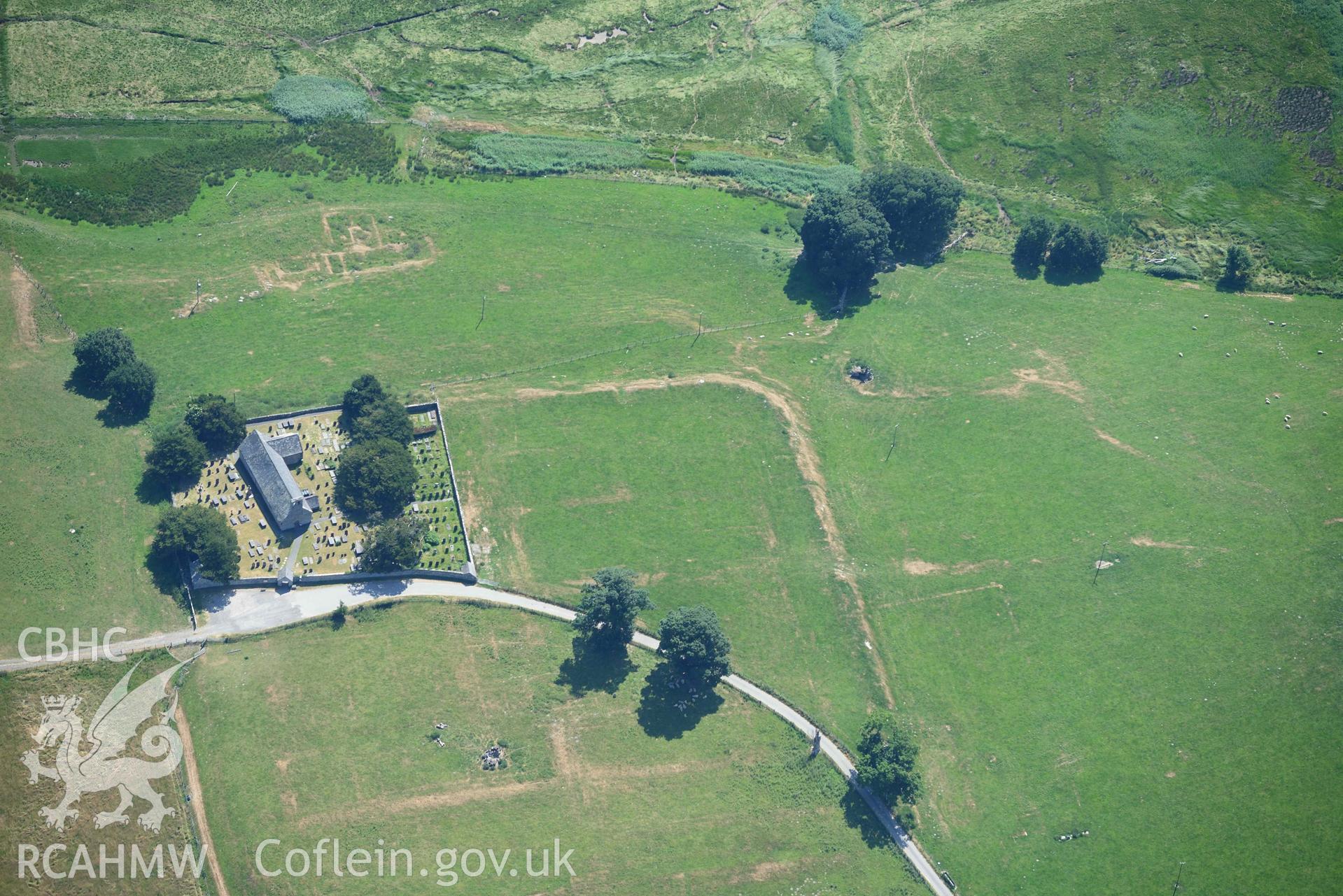 Aerial photograph: Caerhun Roman fort, with extensive parchmarks. Detail of fort and bathhouse. Crown: CHERISH PROJECT 2018. Produced with EU funds through the Ireland Wales Co-operation Programme 2014-2020 (NGR: SH776703)