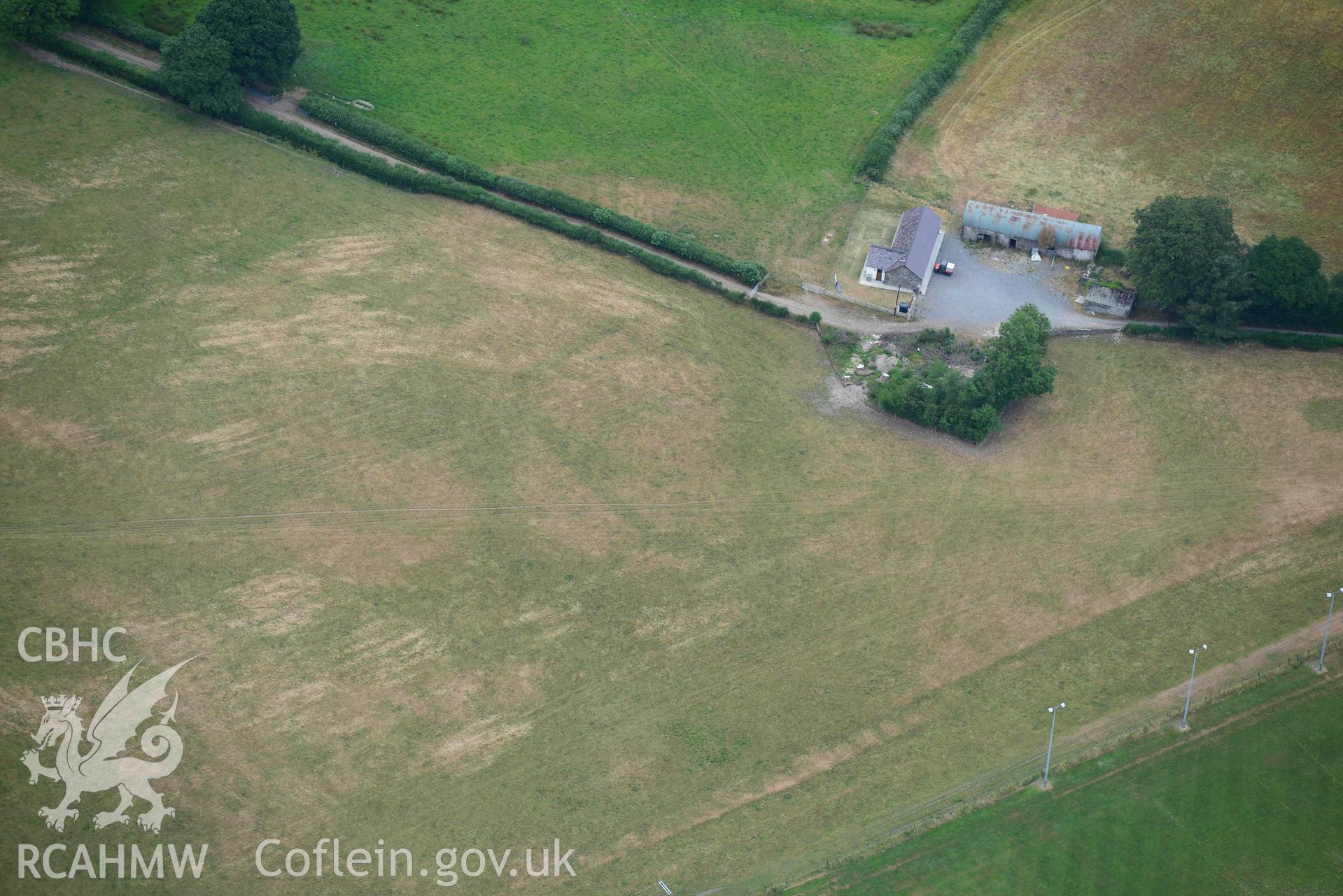 Aerial photograph: Beili-coch Cwmann, cropmark enclosure. Crown: CHERISH PROJECT 2018. Produced with EU funds through the Ireland Wales Co-operation Programme 2014-2020 (NGR SN575468)