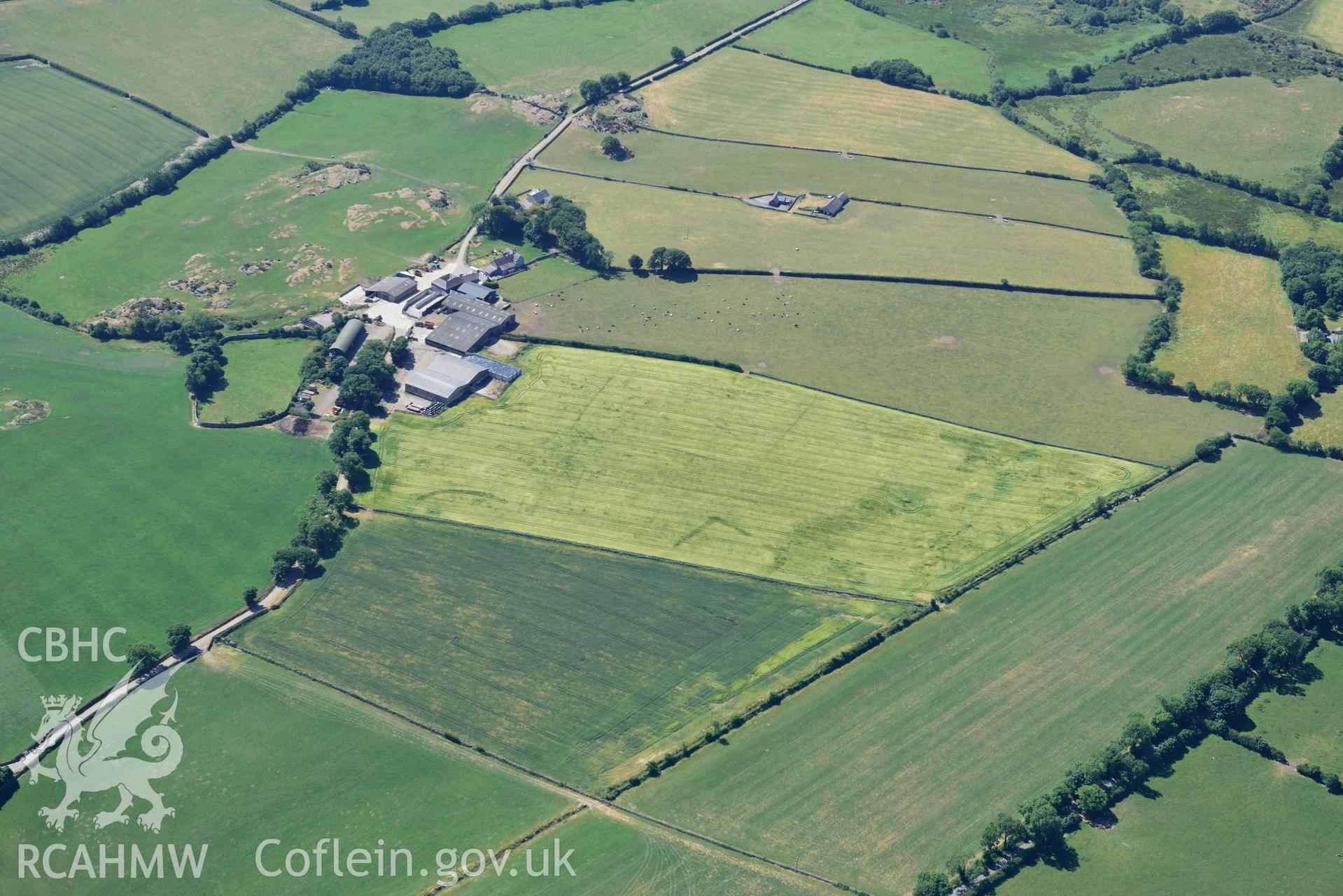 Aerial photograph: Castellior circular and rectangular cropmarks. Crown: CHERISH PROJECT 2018. Produced with EU funds through the Ireland Wales Co-operation Programme 2014-2020 (NGR: SH544744)