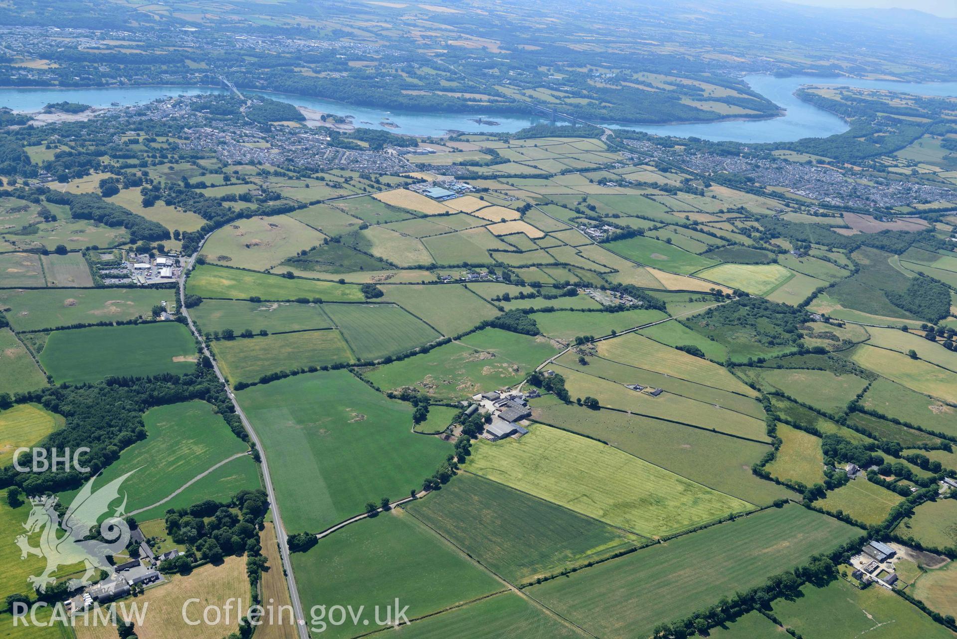 Aerial photograph: Castellior circular and rectangular cropmarks. Crown: CHERISH PROJECT 2018. Produced with EU funds through the Ireland Wales Co-operation Programme 2014-2020 (NGR: SH542745)