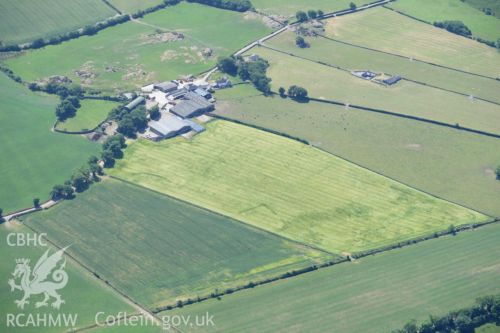 Aerial photograph: Castellior circular and rectangular cropmarks. Crown: CHERISH PROJECT 2018. Produced with EU funds through the Ireland Wales Co-operation Programme 2014-2020 (NGR: SH542745)