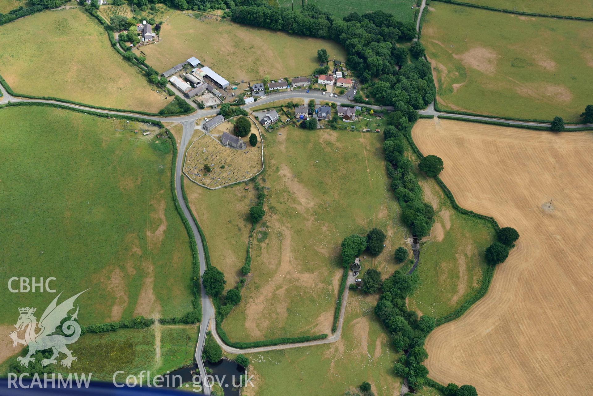 Aerial photograph: St Mary's Church, Llanfair Clydogau. Crown: CHERISH PROJECT 2018. Produced with EU funds through the Ireland Wales Co-operation Programme 2014-2020 (NGR SN624512)