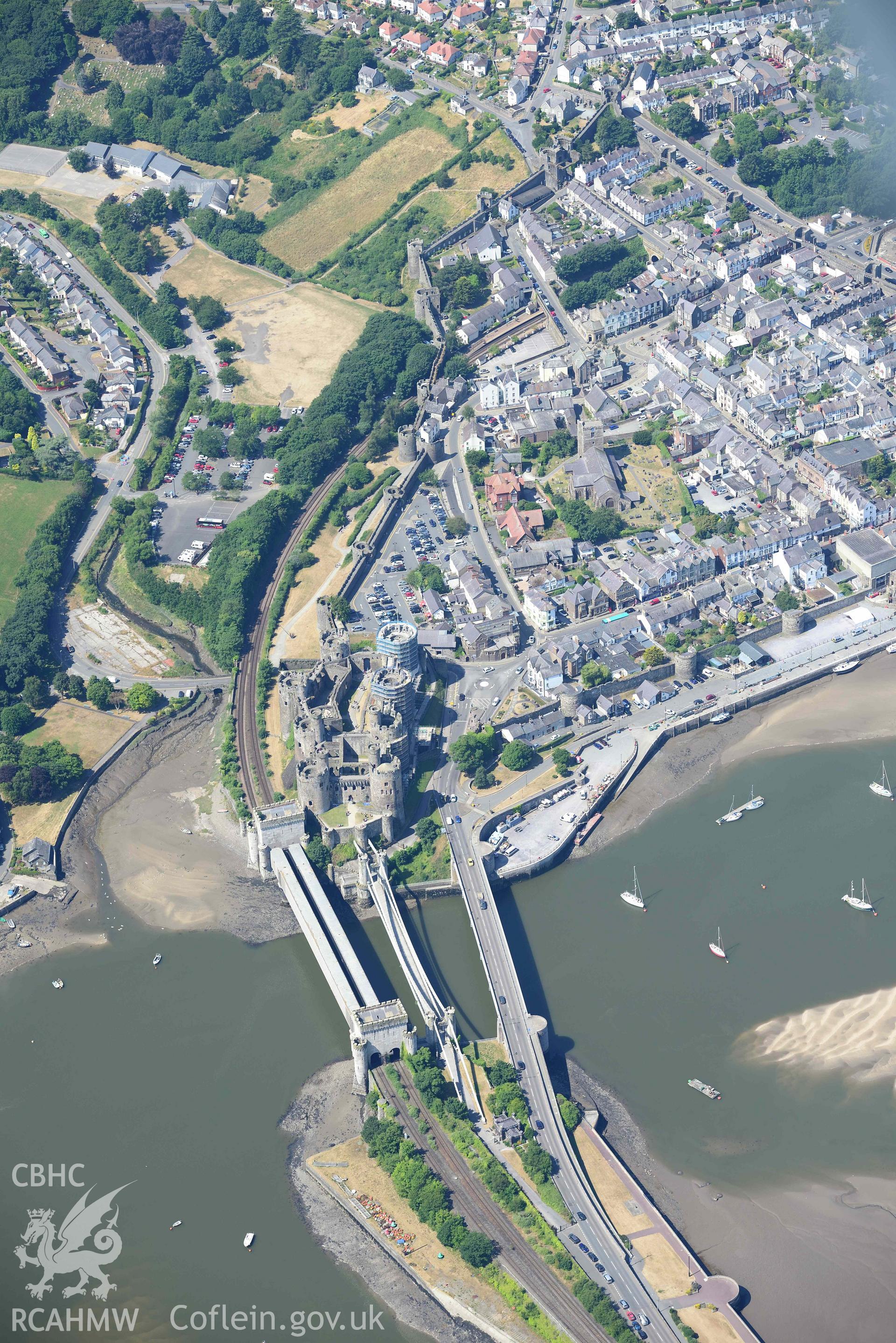 Aerial photograph: Conwy Castle. Crown: CHERISH PROJECT 2018. Produced with EU funds through the Ireland Wales Co-operation Programme 2014-2020 (NGR: SH783774)