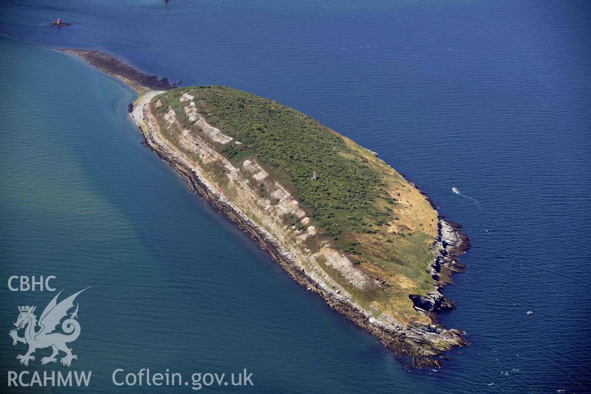 Aerial photograph: Ynys Seiriol or Puffin Island. Crown: CHERISH PROJECT 2018. Produced with EU funds through the Ireland Wales Co-operation Programme 2014-2020 (NGR: SH650820)