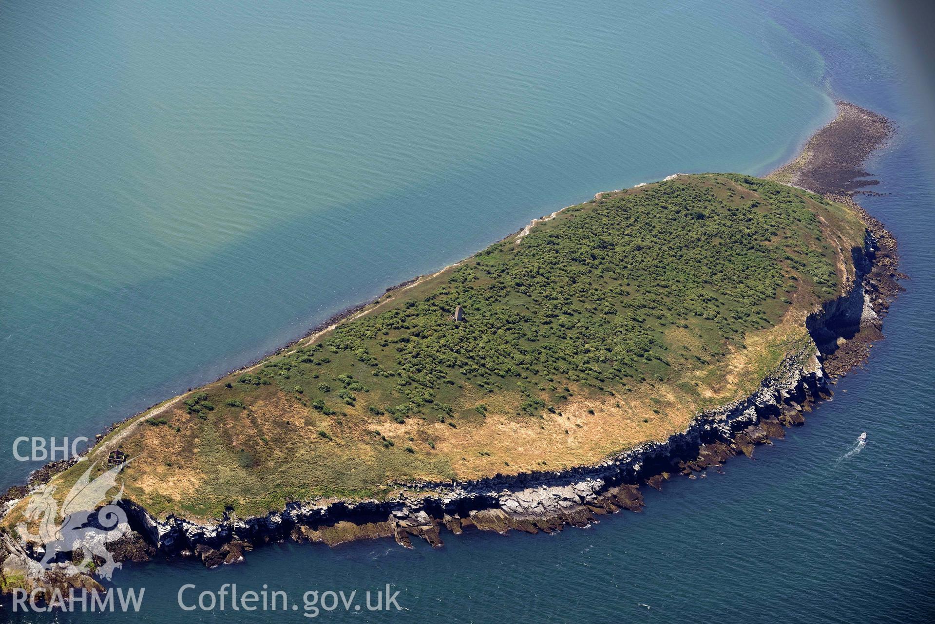 Aerial photograph: Ynys Seiriol or Puffin Island. Crown: CHERISH PROJECT 2018. Produced with EU funds through the Ireland Wales Co-operation Programme 2014-2020 (NGR: SH650820)