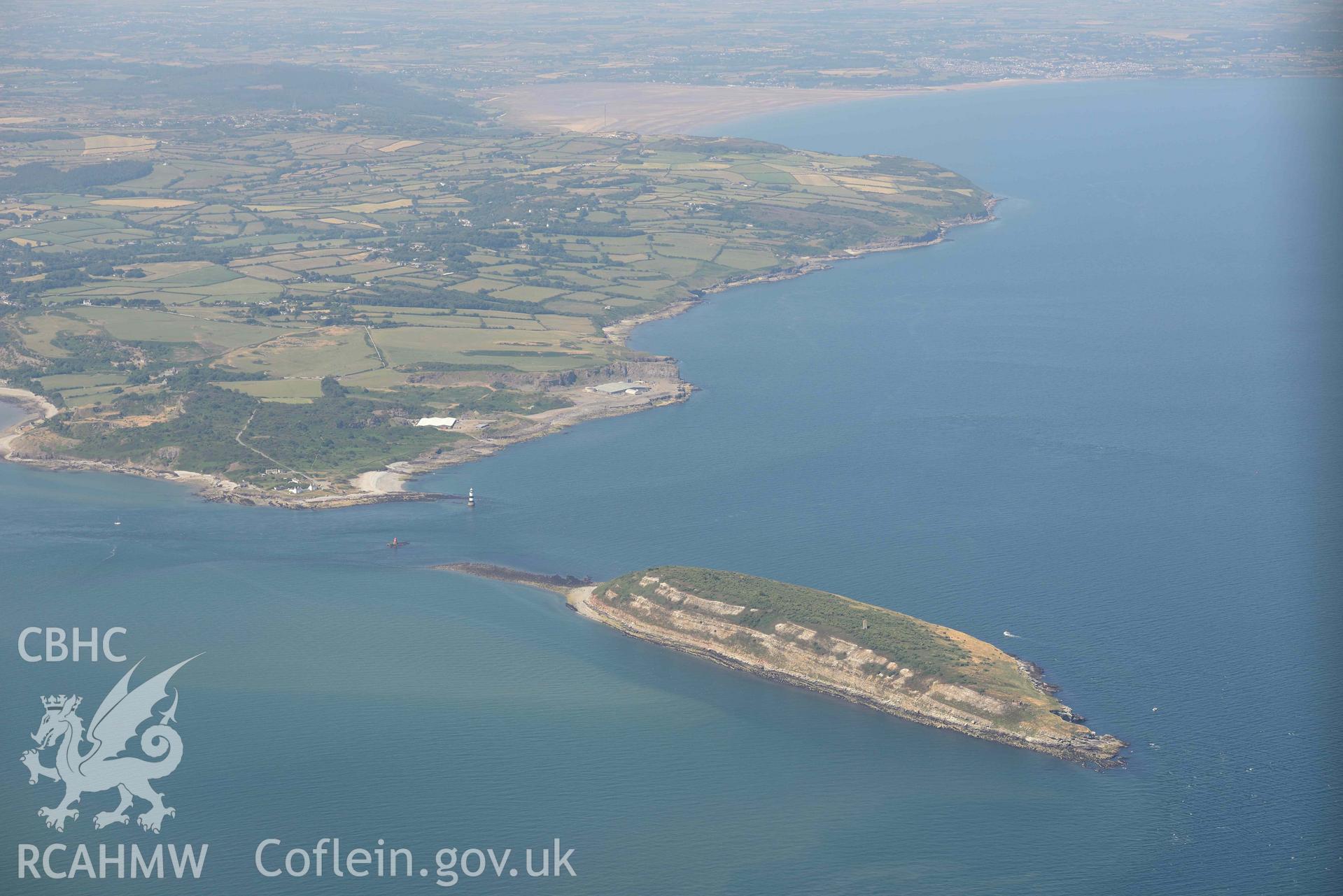 Aerial photograph: Ynys Seiriol or Puffin Island. Crown: CHERISH PROJECT 2018. Produced with EU funds through the Ireland Wales Co-operation Programme 2014-2020 (NGR: SH650820)