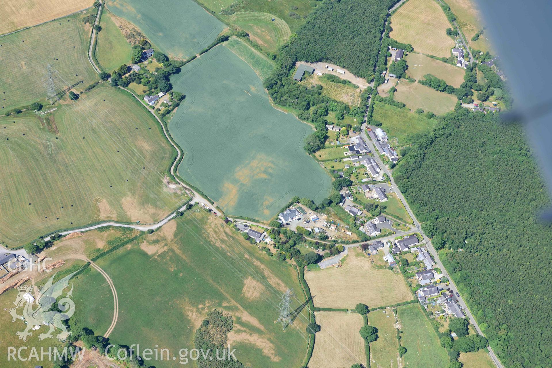 Aerial photograph: Glasinfryn, cropmarks near Waen-Wen. Crown: CHERISH PROJECT 2018. Produced with EU funds through the Ireland Wales Co-operation Programme 2014-2020 (NGR: SH579686)