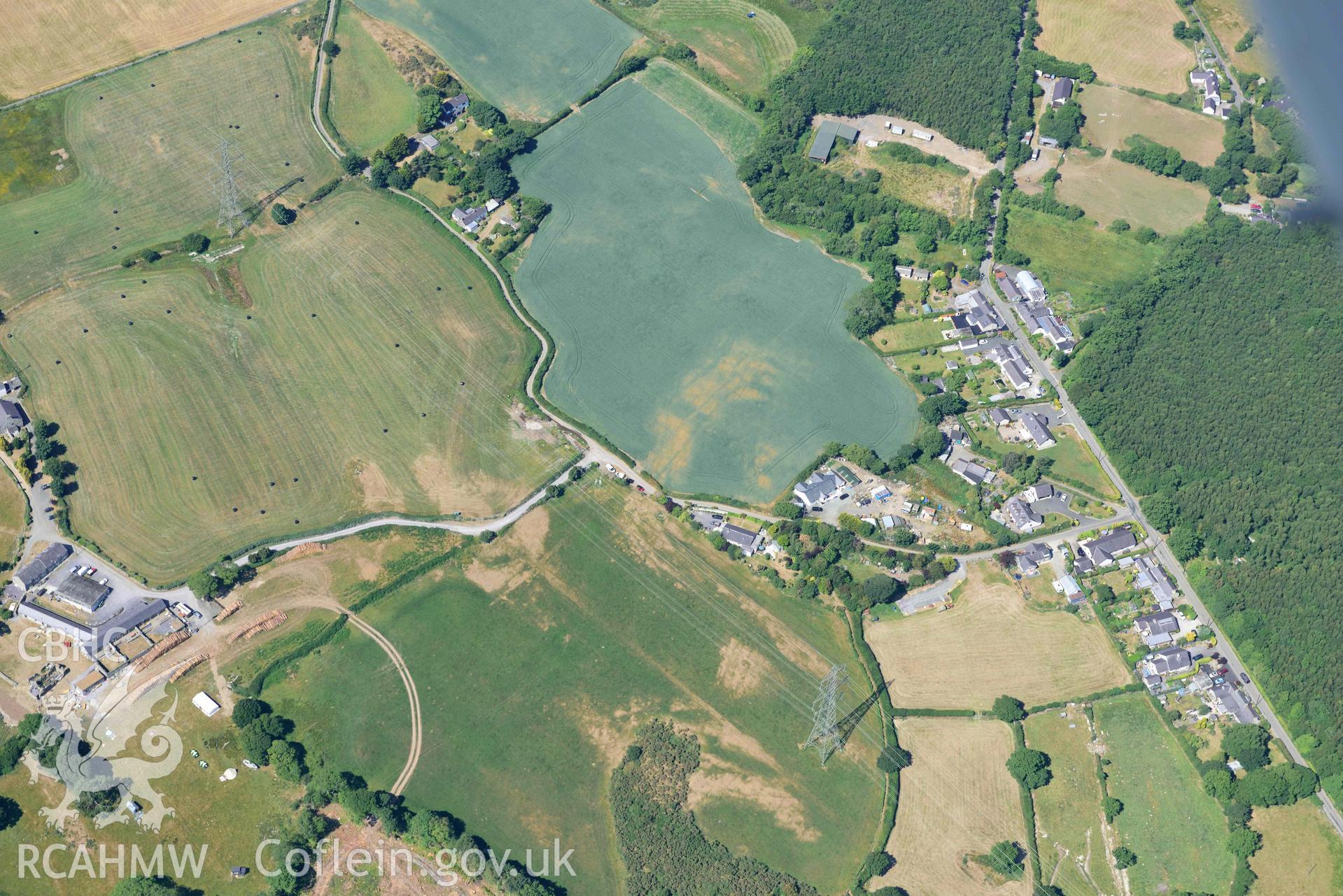 Aerial photograph: Glasinfryn, cropmarks near Waen-Wen. Crown: CHERISH PROJECT 2018. Produced with EU funds through the Ireland Wales Co-operation Programme 2014-2020 (NGR: SH579686)