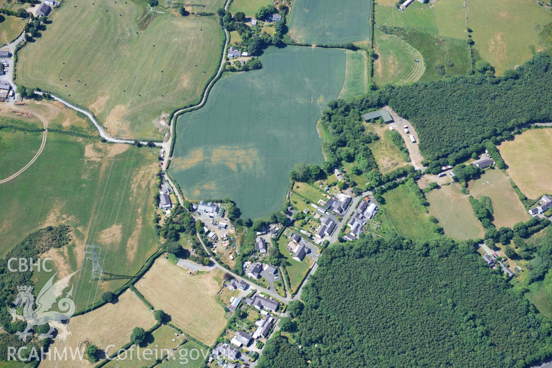 Aerial photograph: Glasinfryn, cropmarks near Waen-Wen. Crown: CHERISH PROJECT 2018. Produced with EU funds through the Ireland Wales Co-operation Programme 2014-2020 (NGR: SH579686)