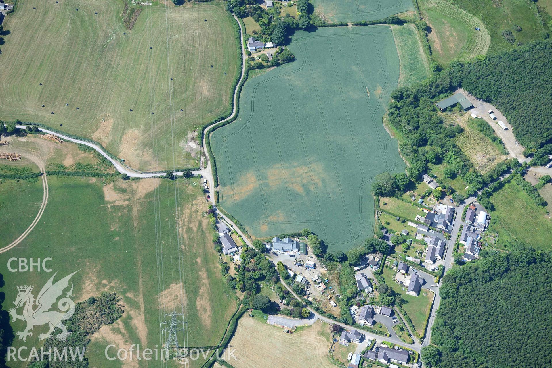 Aerial photograph: Glasinfryn, cropmarks near Waen-Wen. Crown: CHERISH PROJECT 2018. Produced with EU funds through the Ireland Wales Co-operation Programme 2014-2020 (NGR: SH579686)