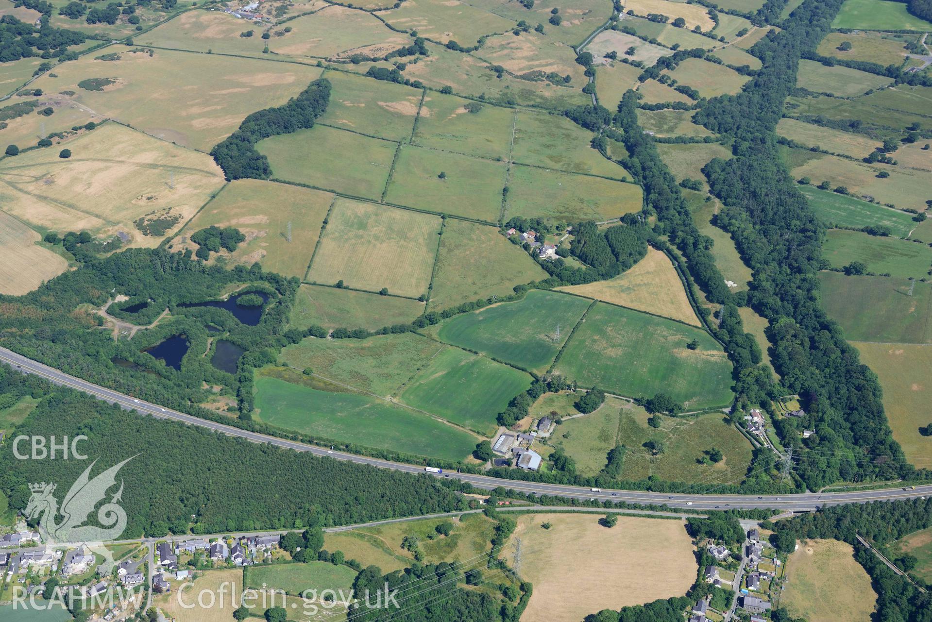 Aerial photograph: Section of Roman road passing through Glasynfryn Farm, Glasinfryn. Crown: CHERISH PROJECT 2018. Produced with EU funds through the Ireland Wales Co-operation Programme 2014-2020 (NGR: SH582692)