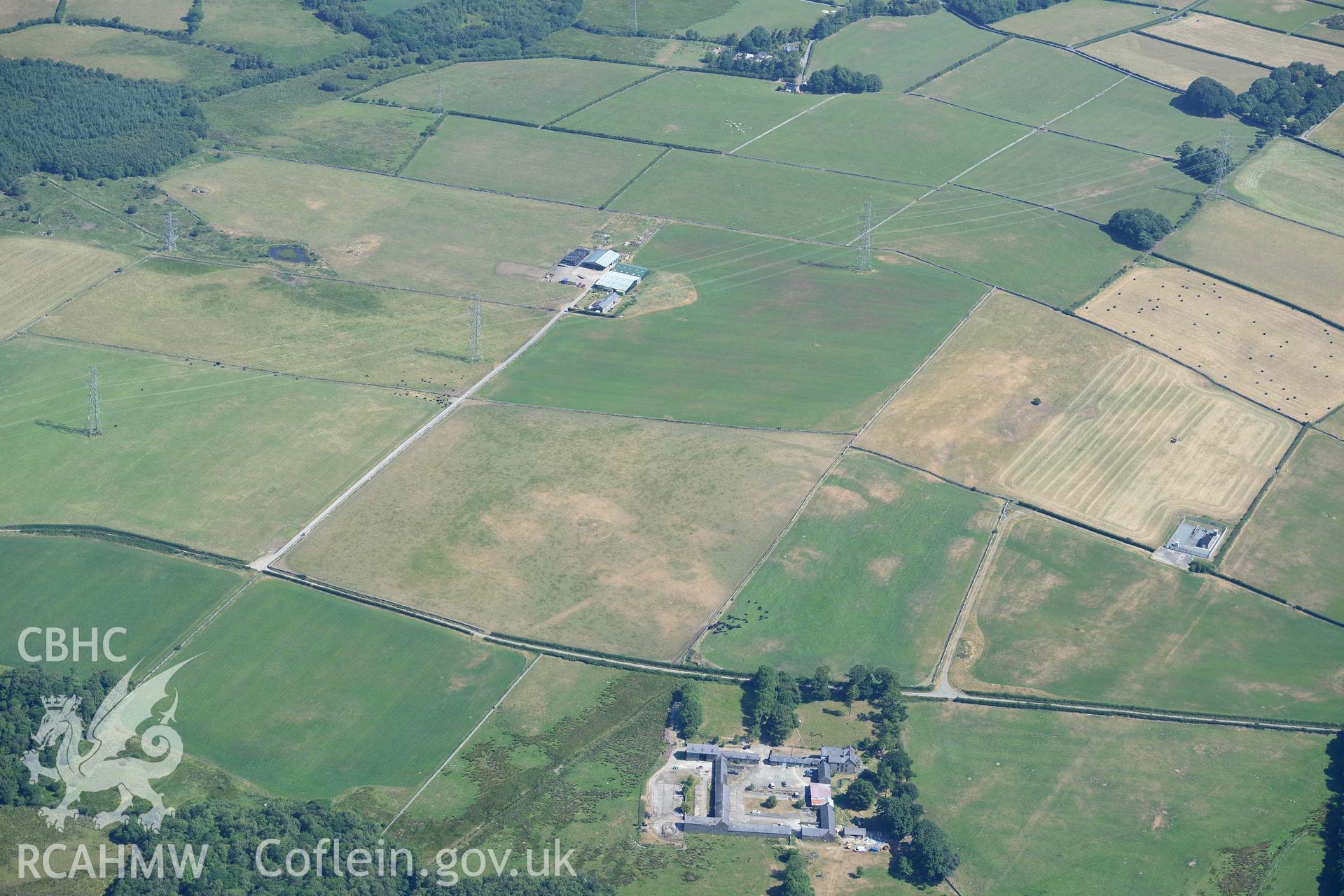 Aerial photograph: Roman road north of Ty'n-llyn. Crown: CHERISH PROJECT 2018. Produced with EU funds through the Ireland Wales Co-operation Programme 2014-2020 (NGR: SH565675)