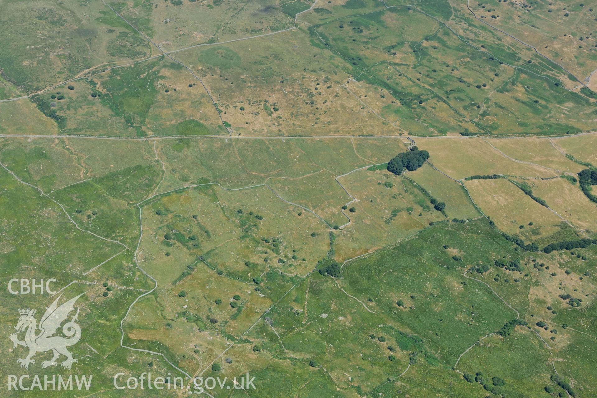 Aerial photograph: Prehistoric field system, Pen-y-parc, Rowen. Crown: CHERISH PROJECT 2018. Produced with EU funds through the Ireland Wales Co-operation Programme 2014-2020 (NGR: SH738716)