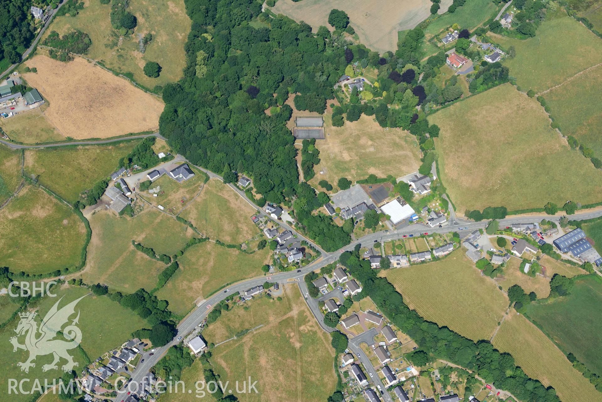 Aerial photograph: Talybont village, with non-archaeological parchmarks. Crown: CHERISH PROJECT 2018. Produced with EU funds through the Ireland Wales Co-operation Programme 2014-2020 (NGR: SH766688)