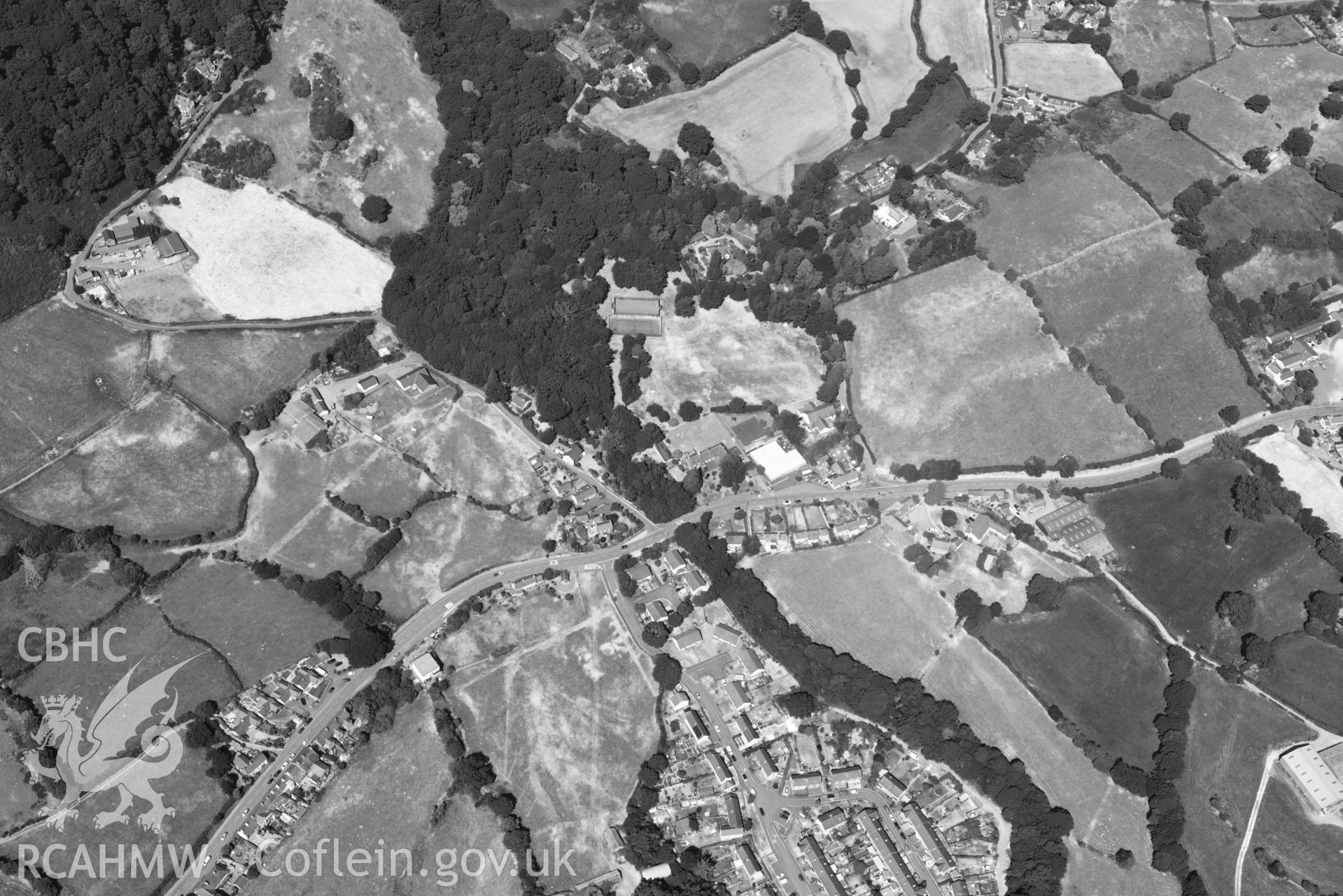 Aerial photograph: Talybont village, with non-archaeological parchmarks. Crown: CHERISH PROJECT 2018. Produced with EU funds through the Ireland Wales Co-operation Programme 2014-2020 (NGR: SH766688)